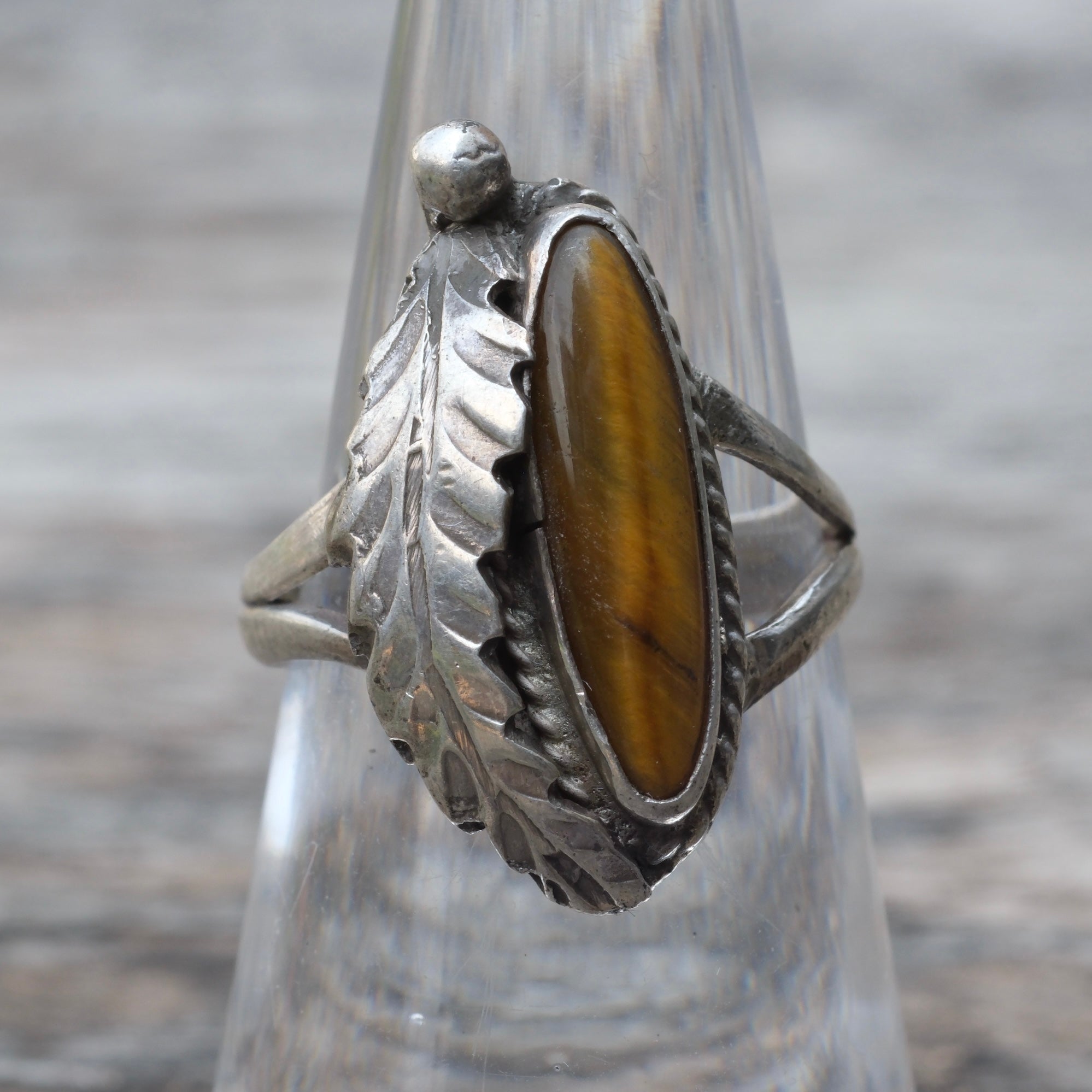 Vintage Sterling Tigers Eye Feather Ring 6.5