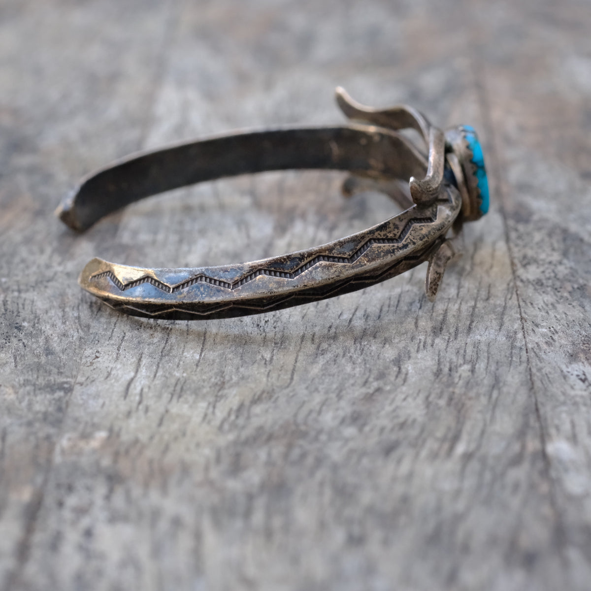 Vintage Sterling Turquoise Stamped Cuff Braceletx