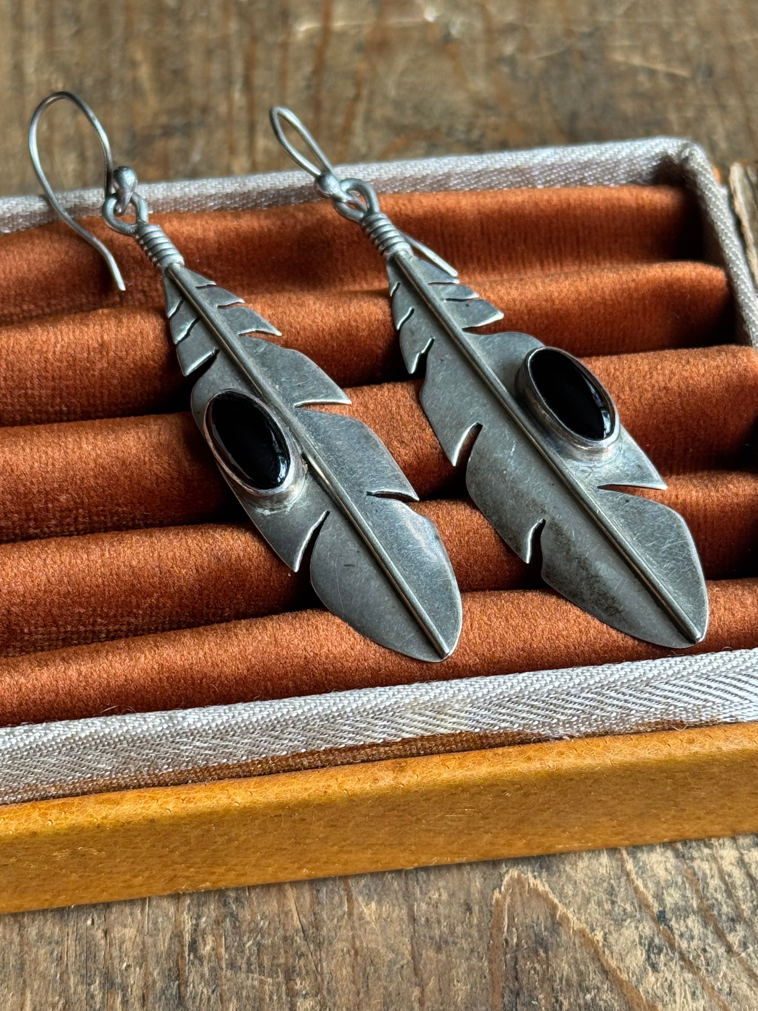 Vintage Sterling Silver Onyx Feather Earrings
