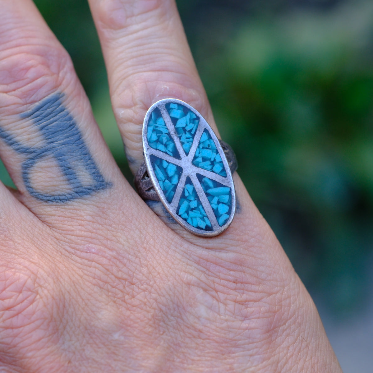 Vintage Sterling Turquoise Chip Inlay Ring 5.5