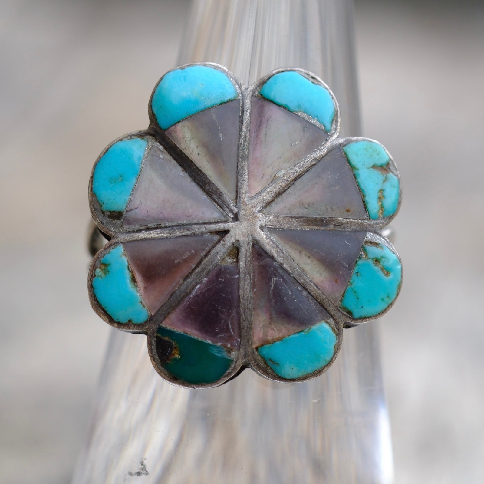 Vintage Sterling Abalone and Turquoise Flower Ring 5