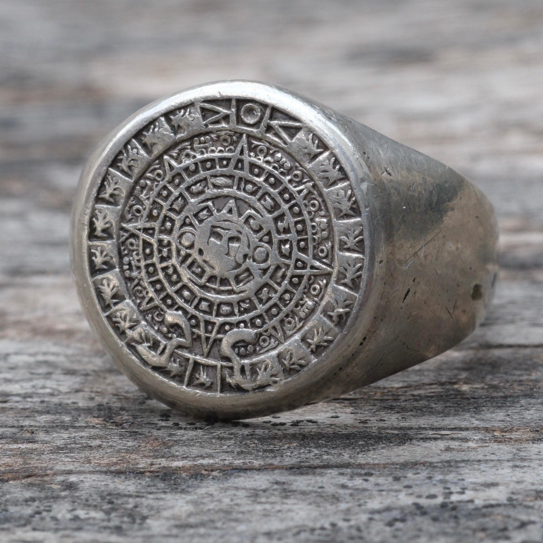 Vintage Sterling Aztec Calendar Ring 9.75