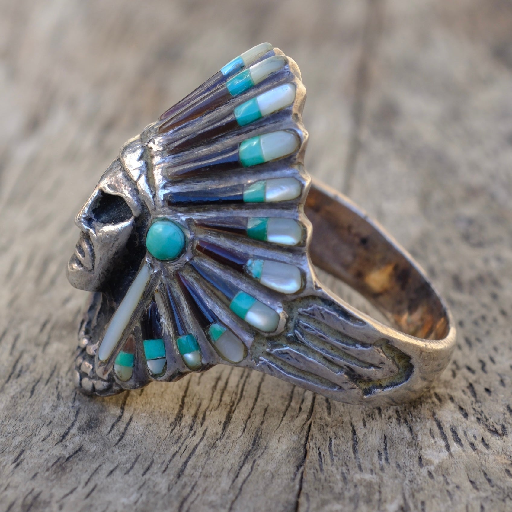 Vintage Sterling Big Chief Inlay Ring 11.25