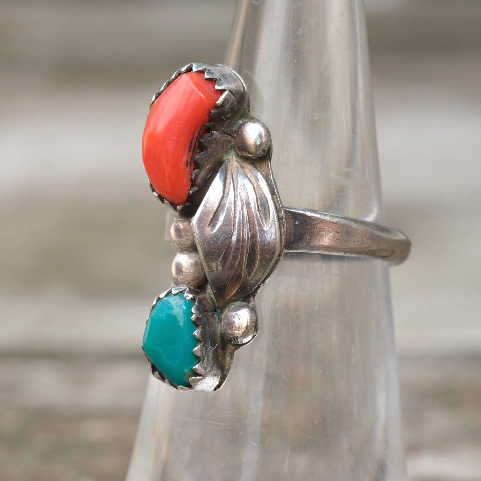 Vintage Sterling Turquoise and Coral Feather Ring 5