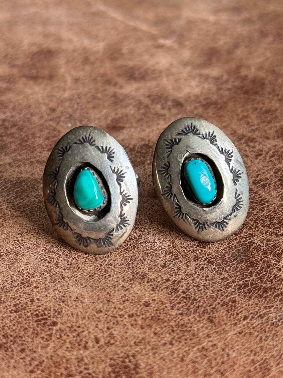 Vintage Sterling Silver Stamped Turquoise Shadowbox Cufflinks