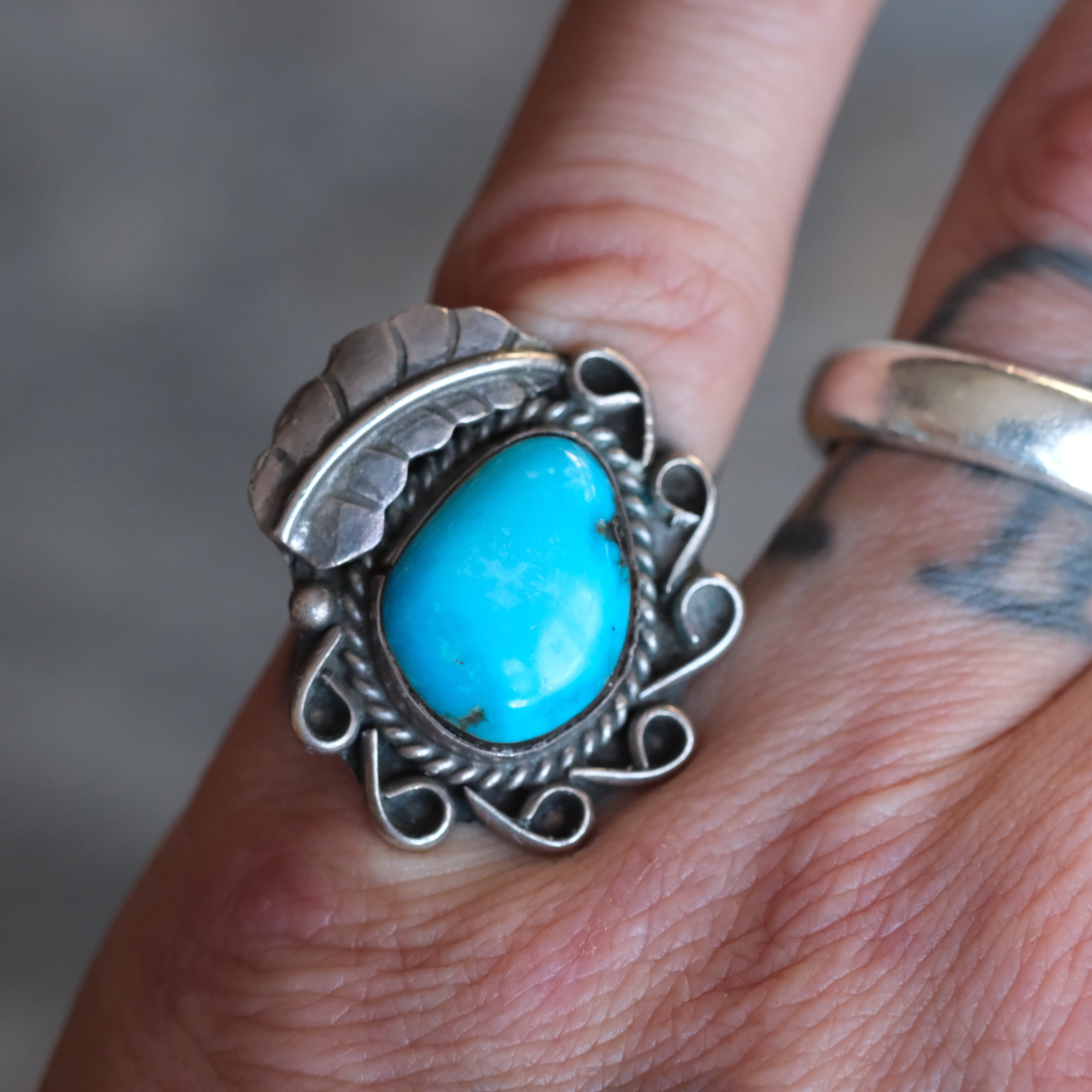 Vintage Sterling Turquoise Feather Ring 6