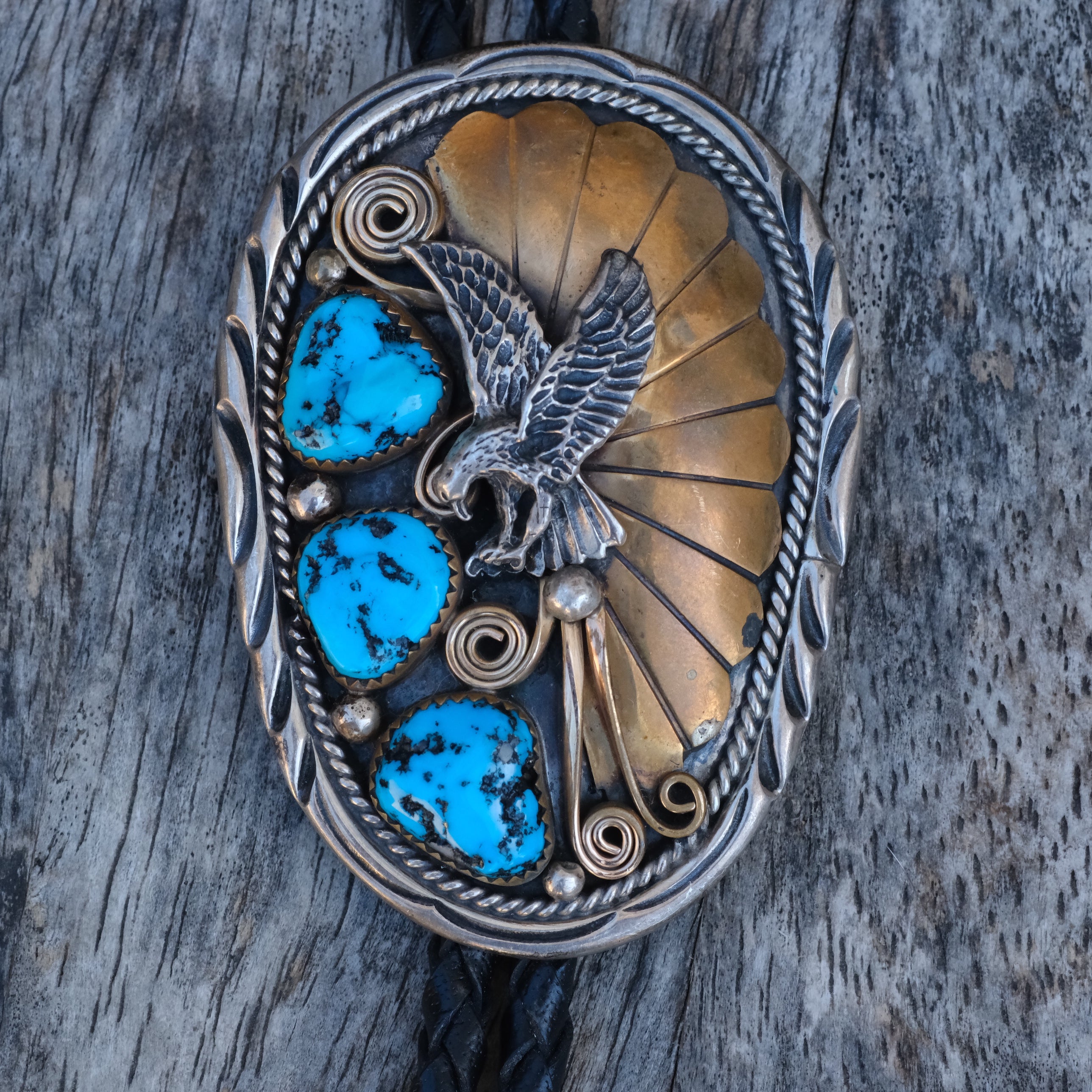 Vintage Sterling and Gold Turquoise Eagle Bolo Tie