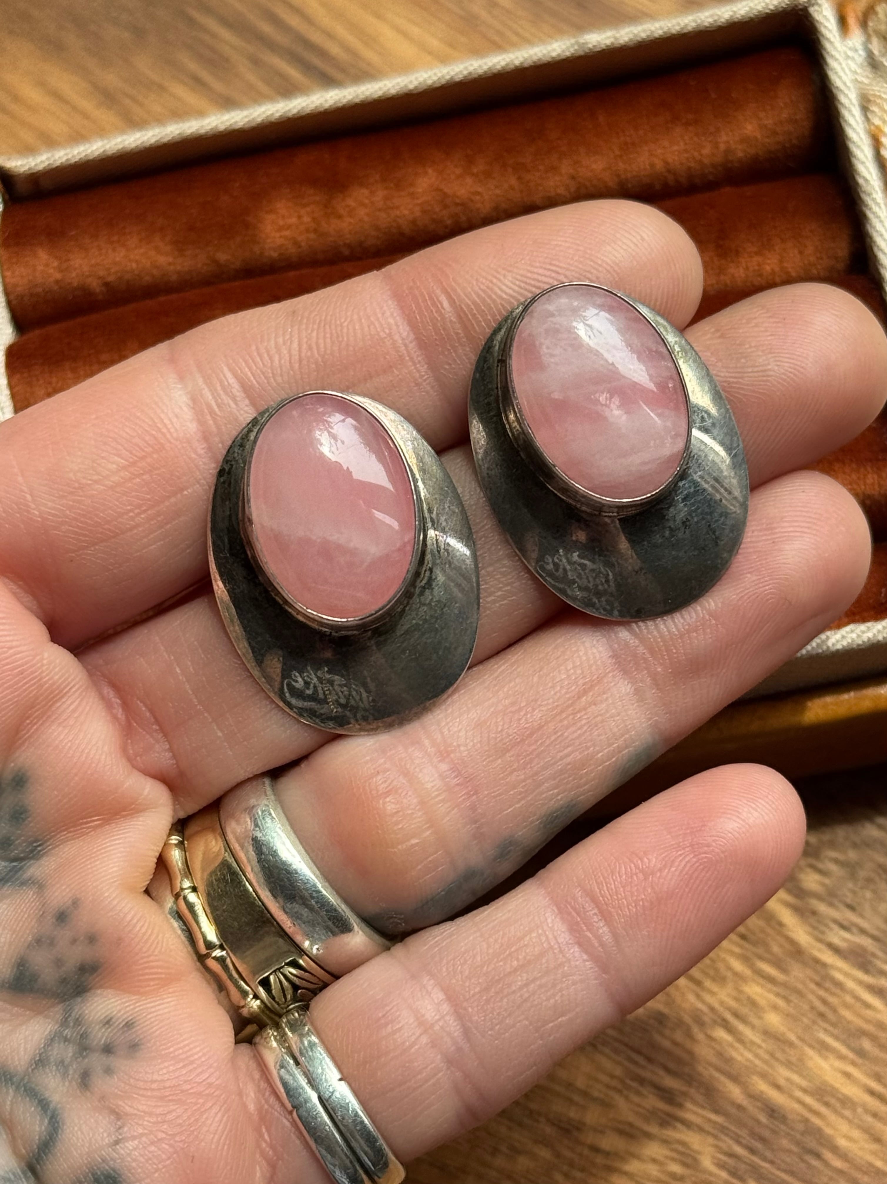 Vintage Sterling Silver Modernist Rose Quartz Earrings