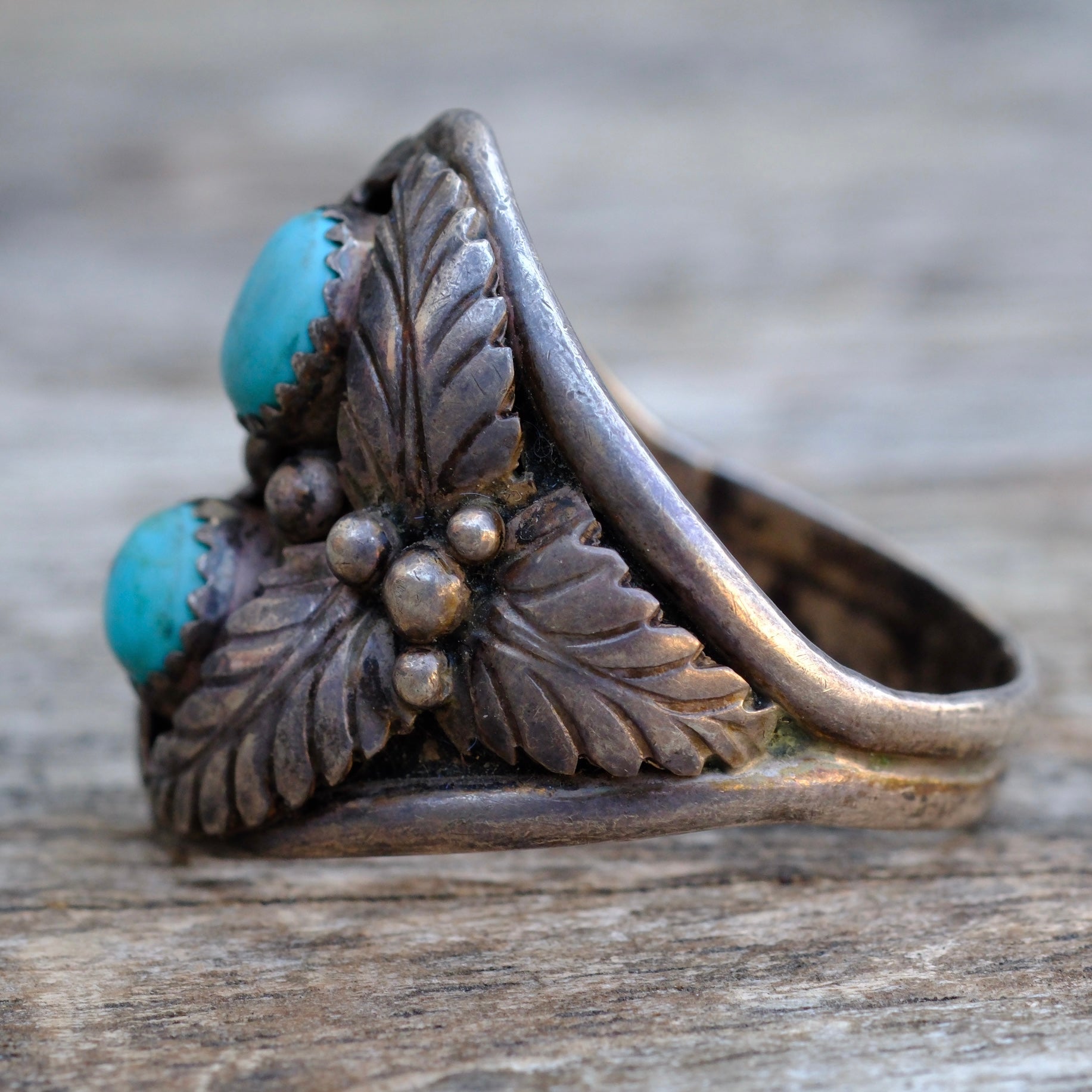 Vintage Sterling 2-Stone Turquoise Feather Ring 13.5