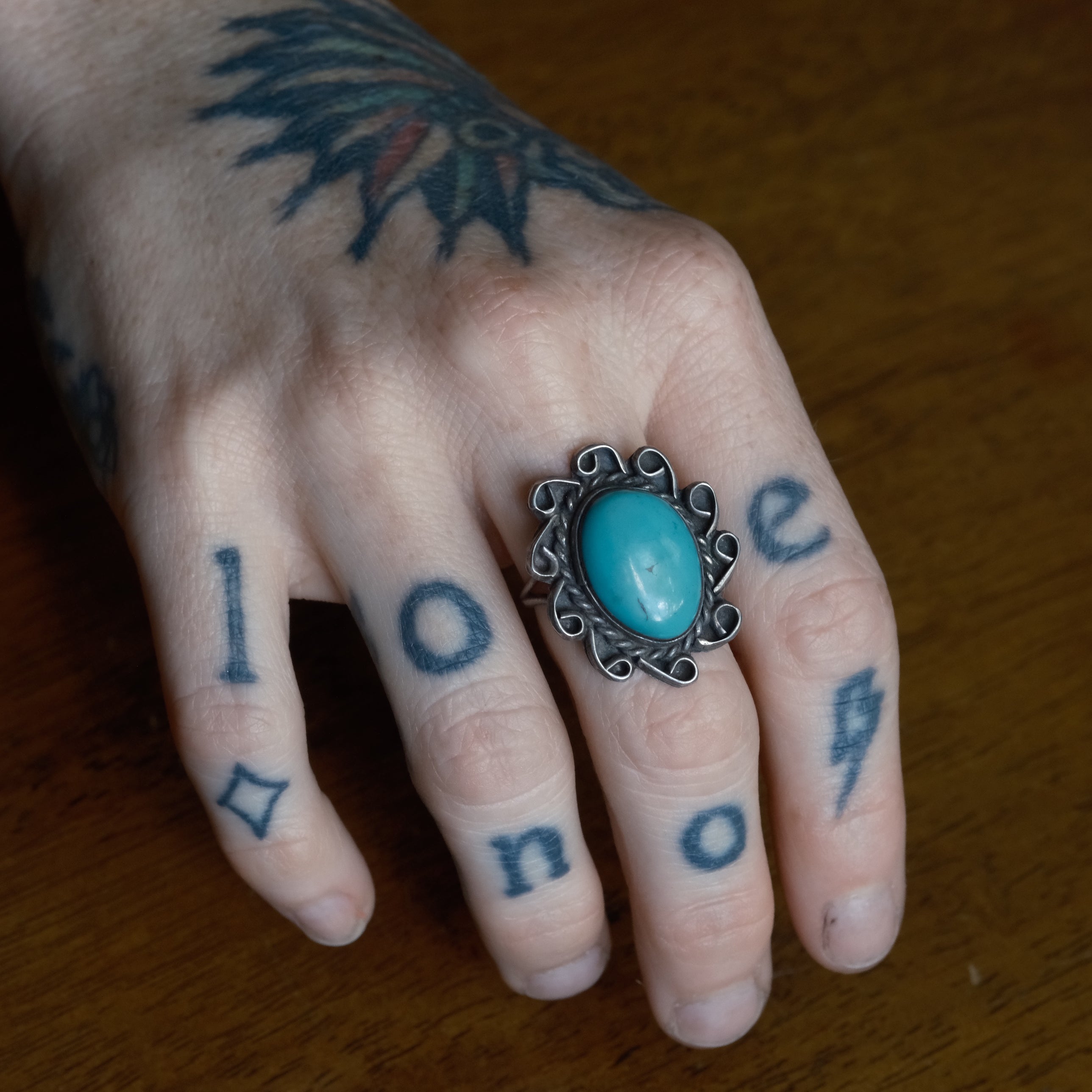 Vintage Sterling Turquoise Florette Ring 7.5