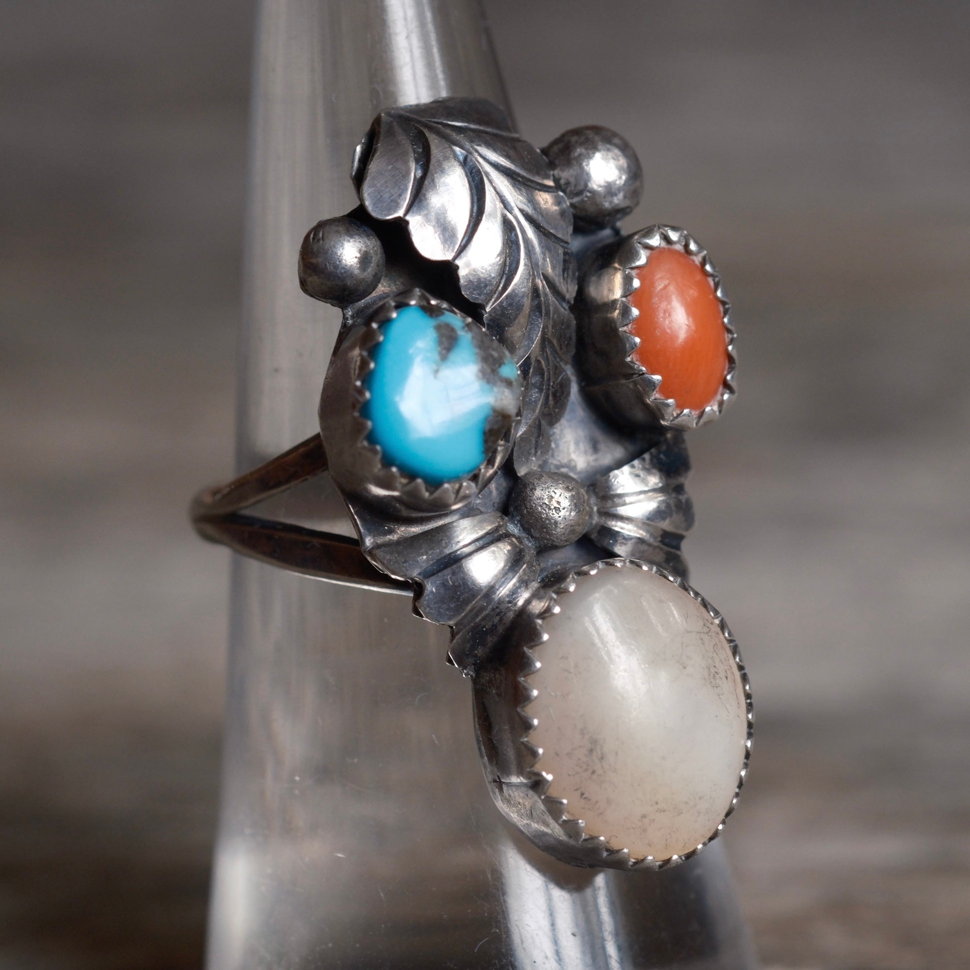 Vintage Sterling Turquoise Coral and MOP Feather Ring 6.5