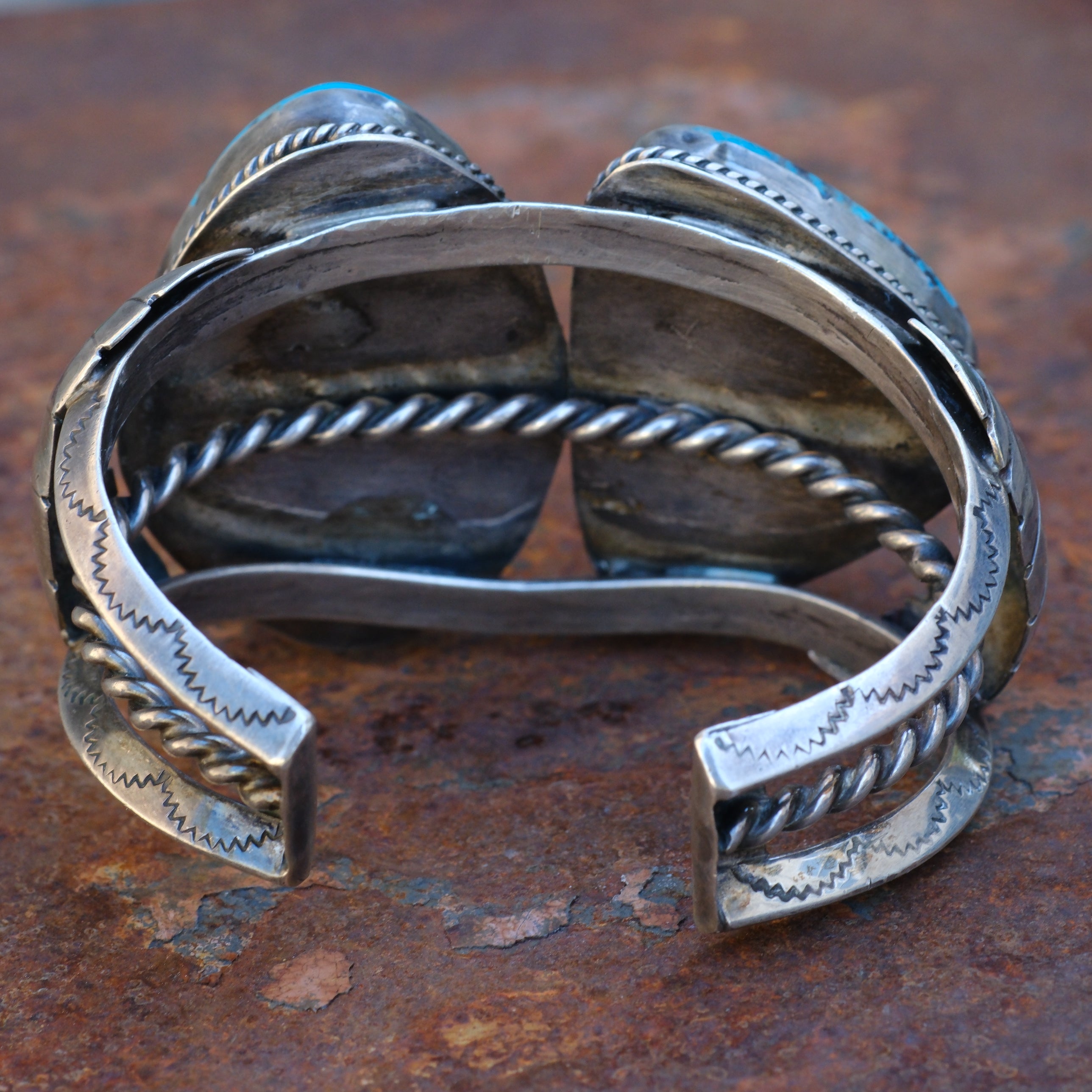 Massive Vintage Sterling 2-Stone Turquoise Stamped Feather Cuff Bracelet