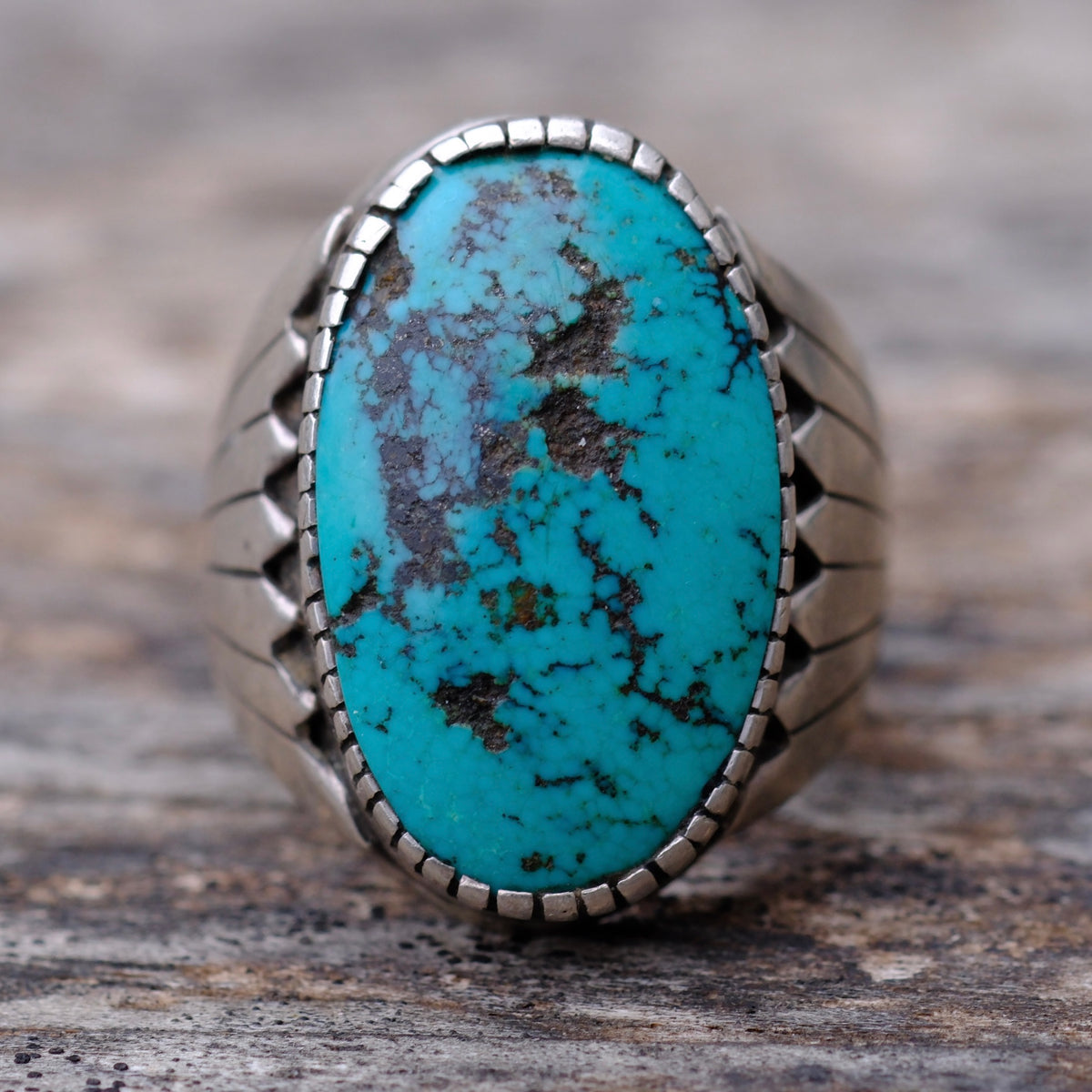 Vintage Sterling Turquoise Ribbed Band Ring 10.5