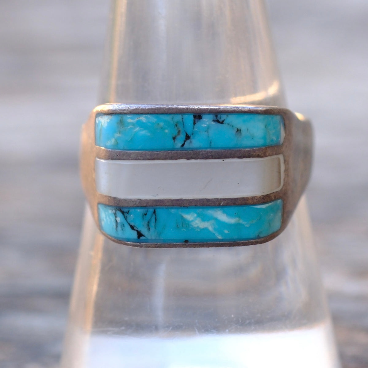Vintage Sterling Turquoise and Mother Of Pearl Inlay Ring 8.75