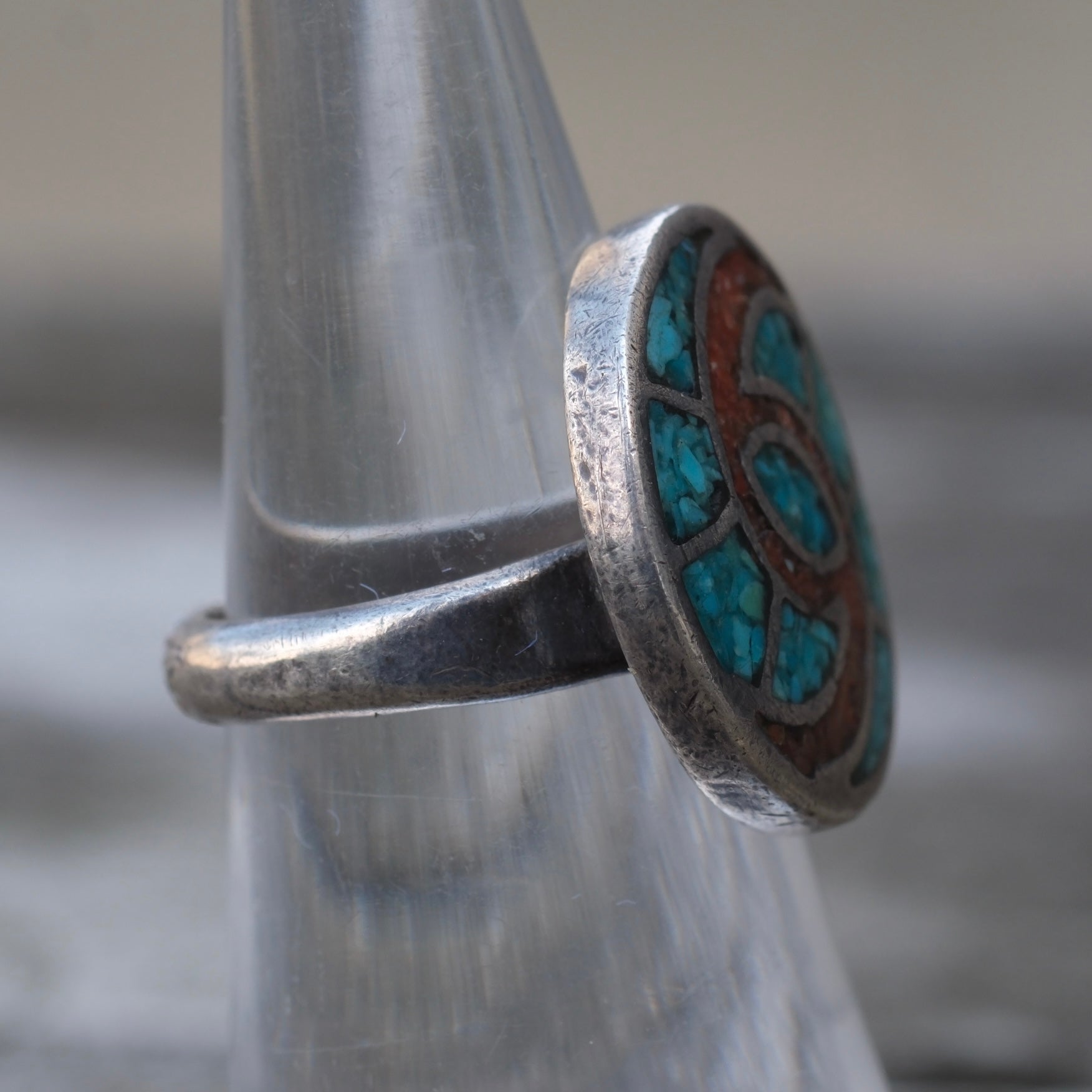 Vintage Sterling Turquoise and Coral Inlay Ring 4.75