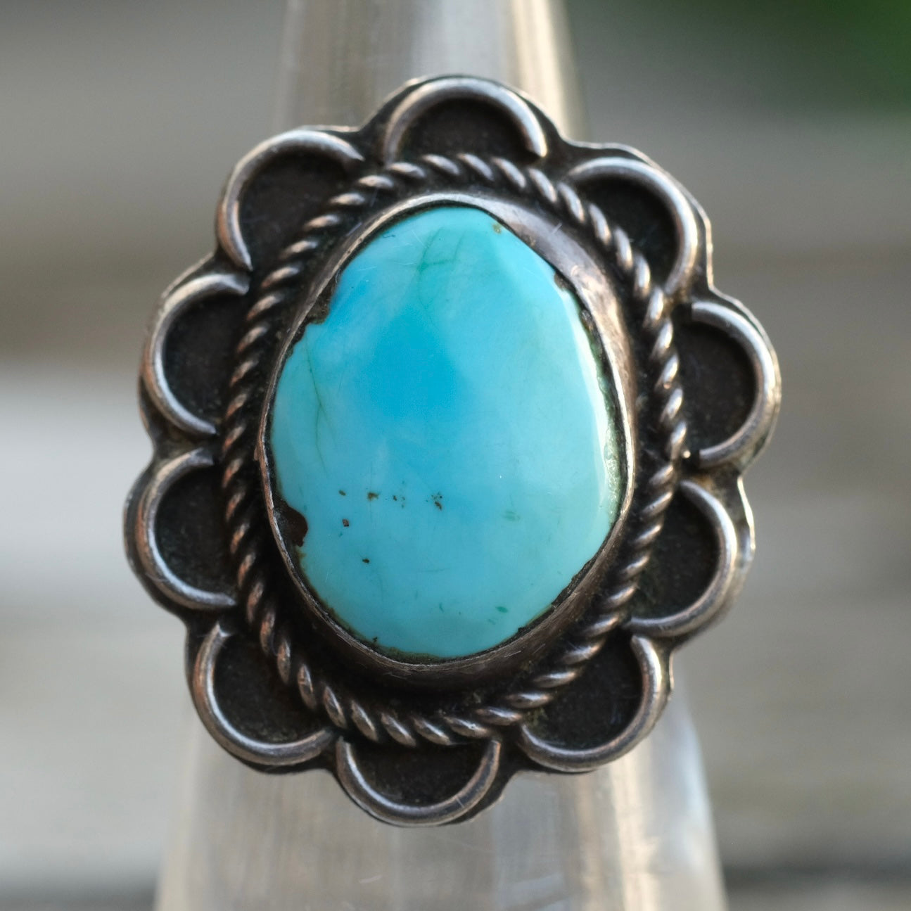 Vintage Sterling Turquoise Floral Ring 5.25