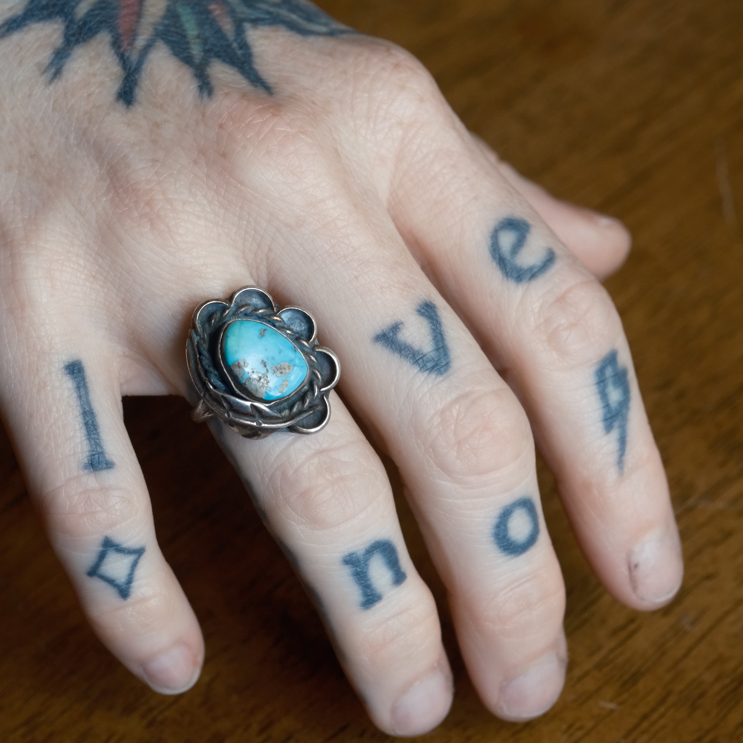 Vintage Sterling Turquoise Feather Ring 5.75