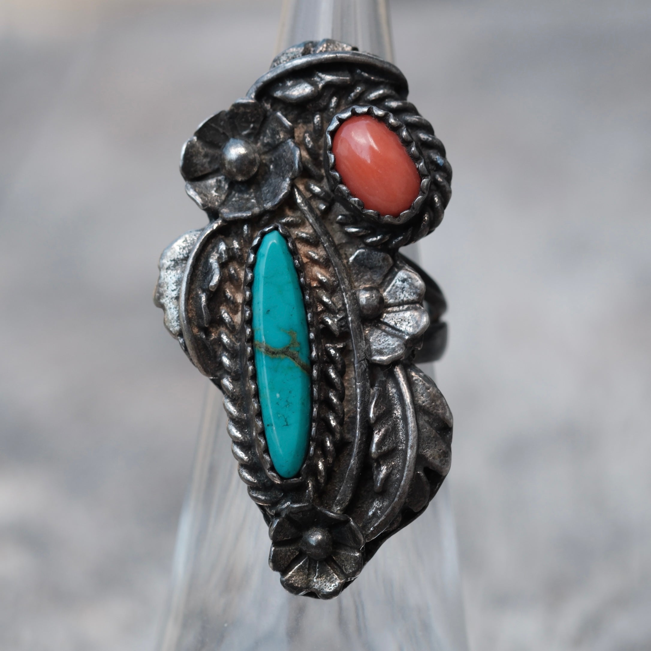 Vintage Sterling Turquoise and Coral Feather Ring 4