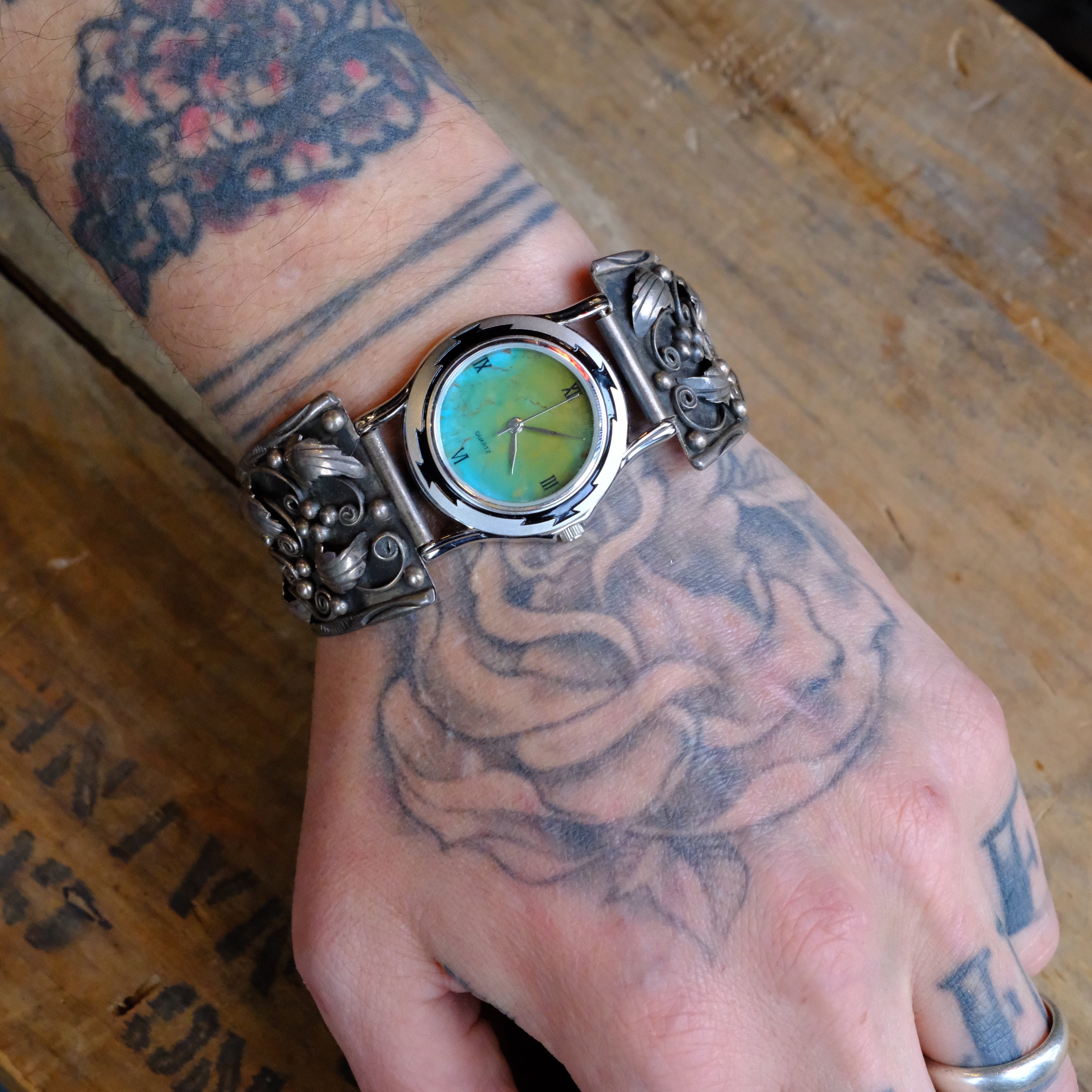 Vintage Sterling Feather Watch With Turquoise Dial