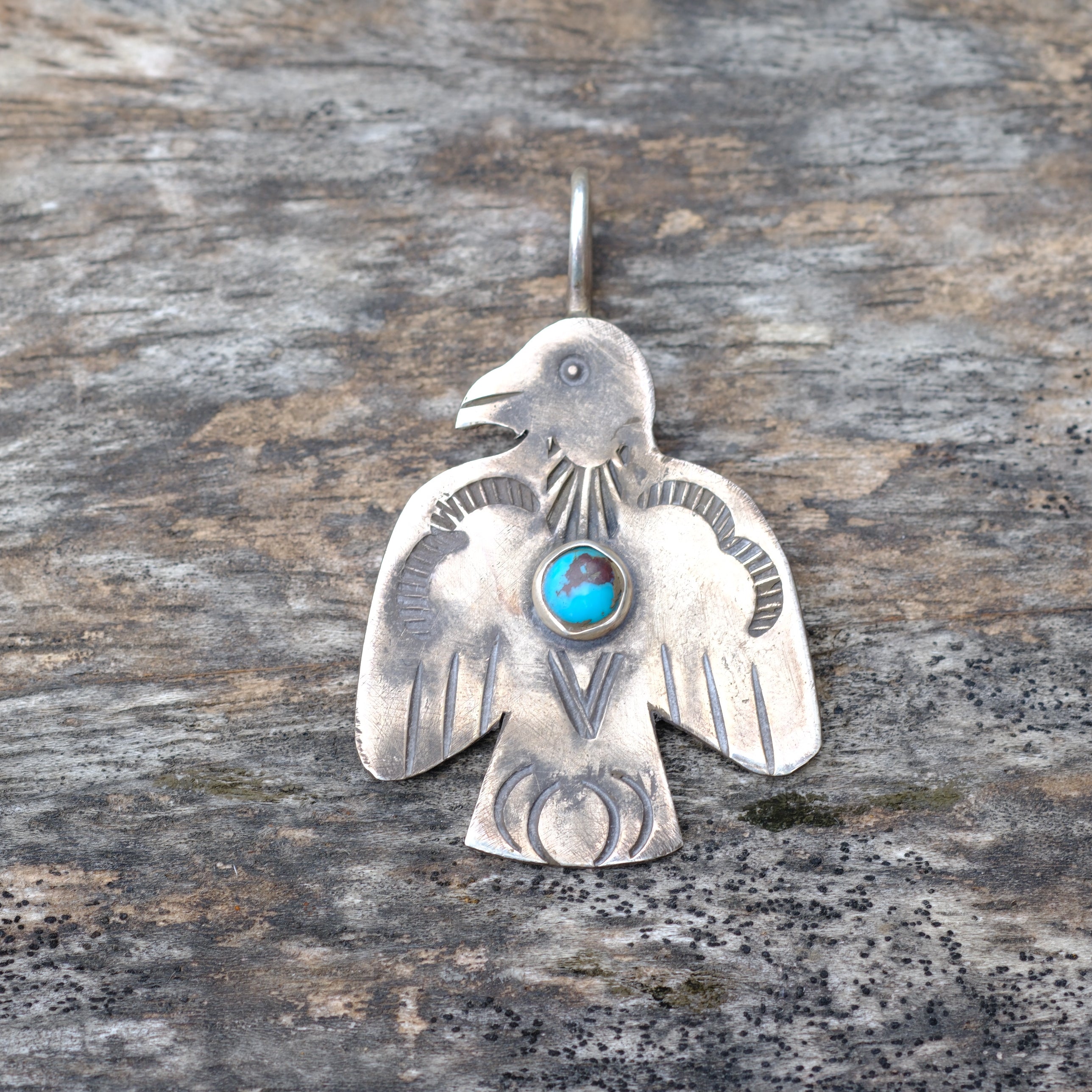 Sterling Silver Stamped Turquoise Thunderbird Necklace