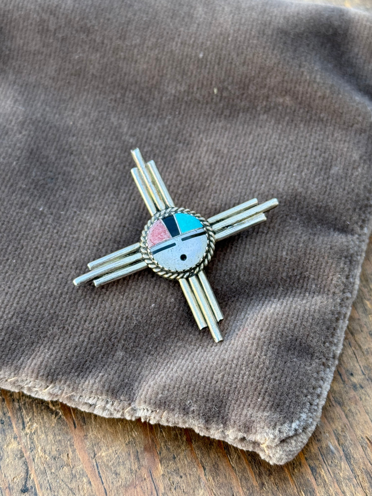 Vintage Sterling Silver Multistone Inlay Sun Face Zia Pin Pendant