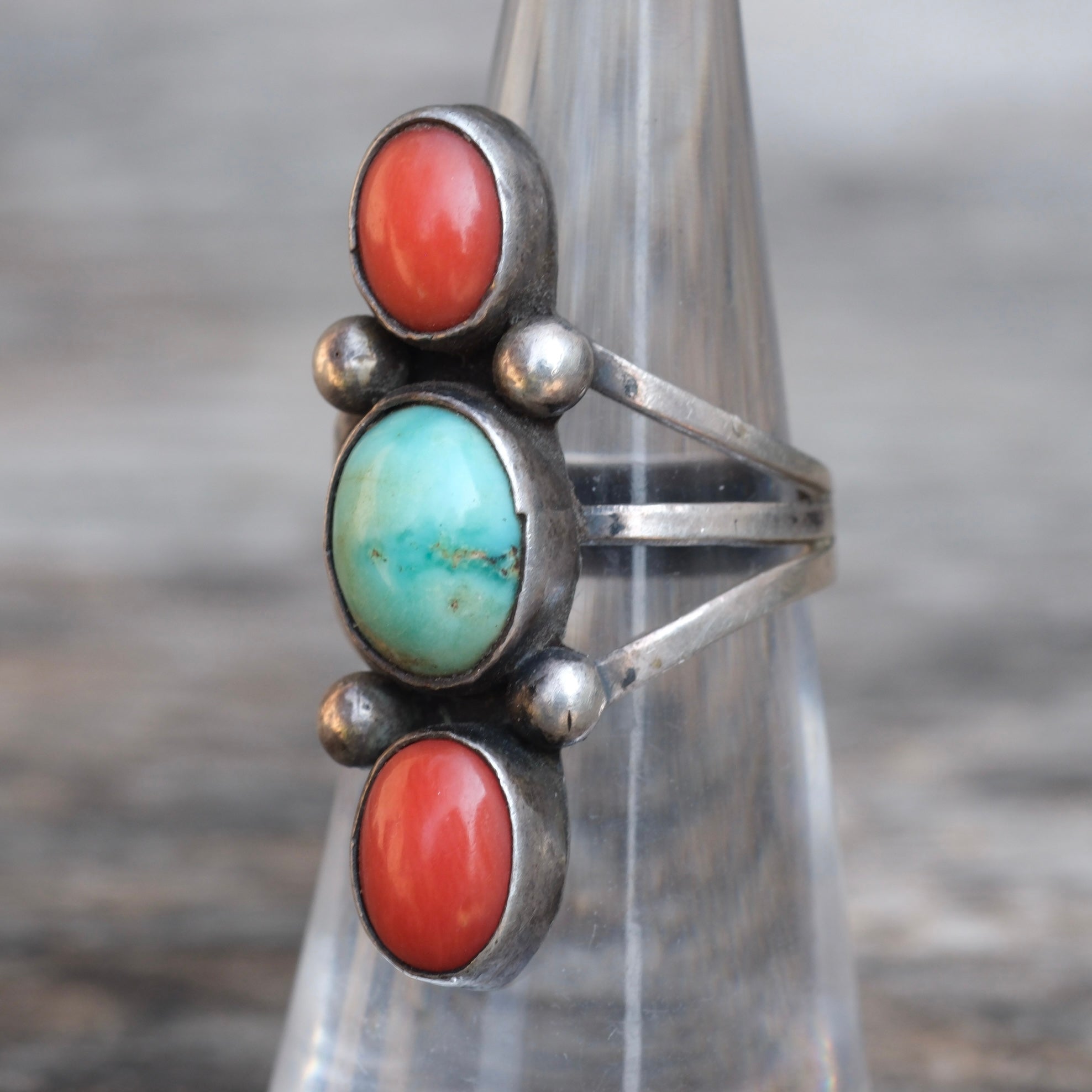 Vintage Sterling Turquoise and Coral Ring 5.5