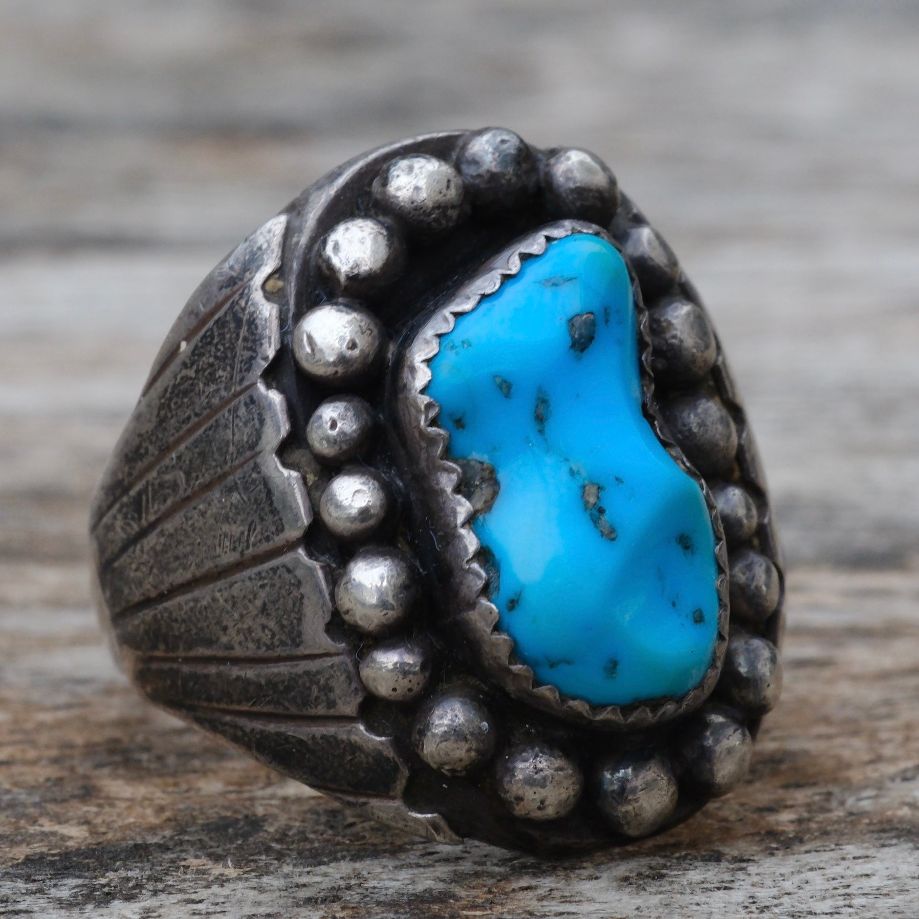Vintage Sterling Turquoise Ribbed Band Ring 11.75