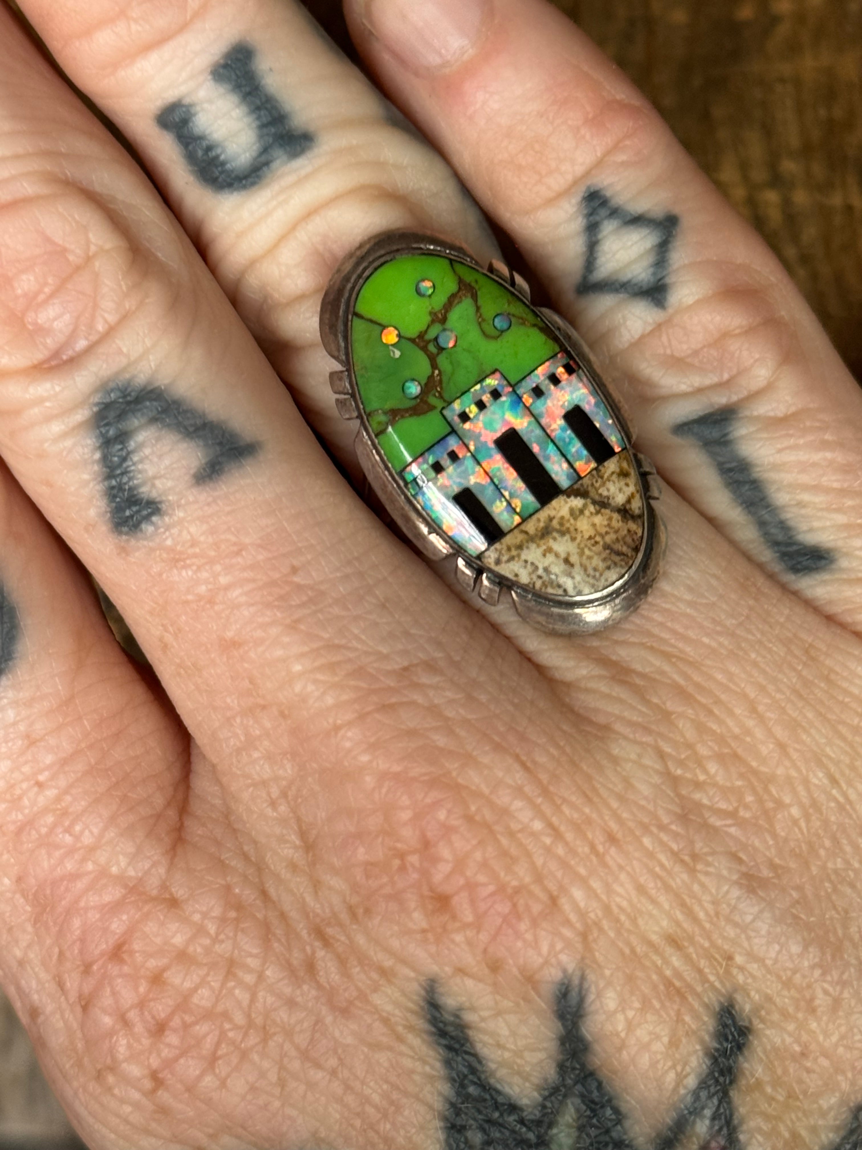 Vintage Sterling Silver Multistone Inlay Pueblo Inlay Ring 6