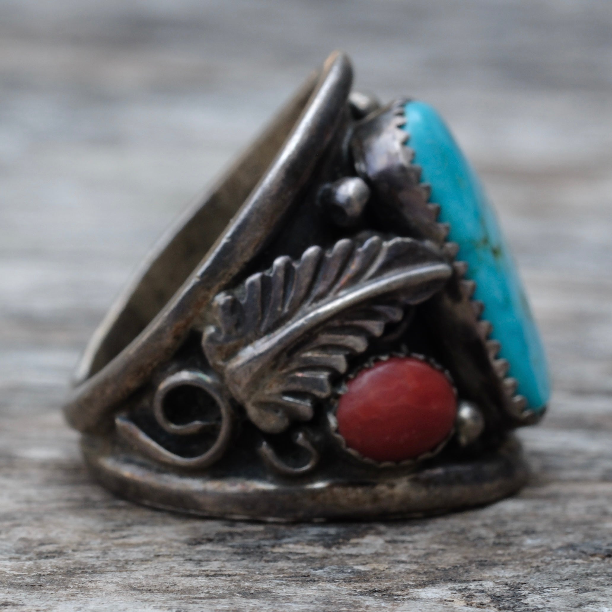 Vintage Sterling Turquoise and Coral Feather Ring 11