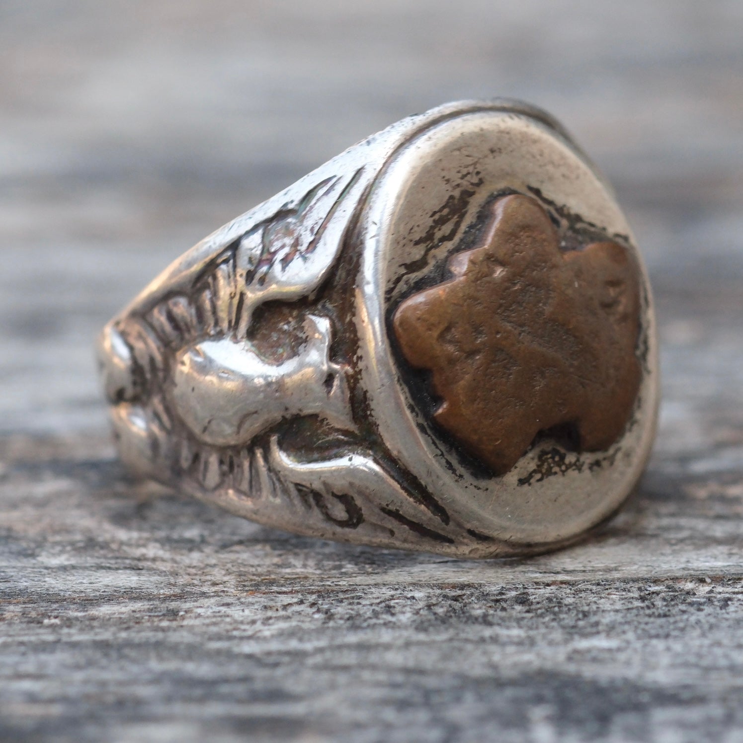 Vintage Sterling Silver WORN Military Signet Ring 7.75