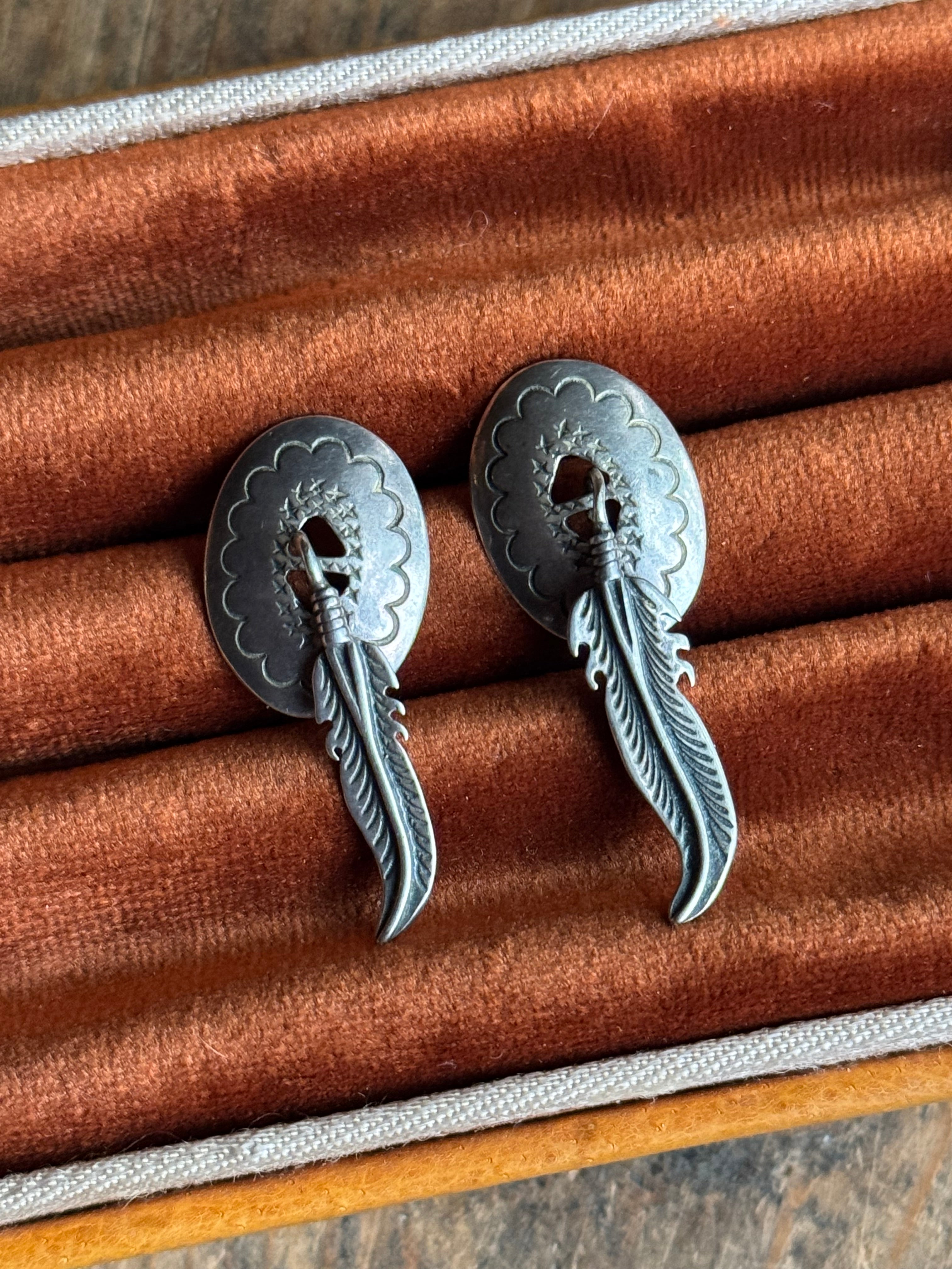 Vintage Sterling Silver Feather Concho Earrings