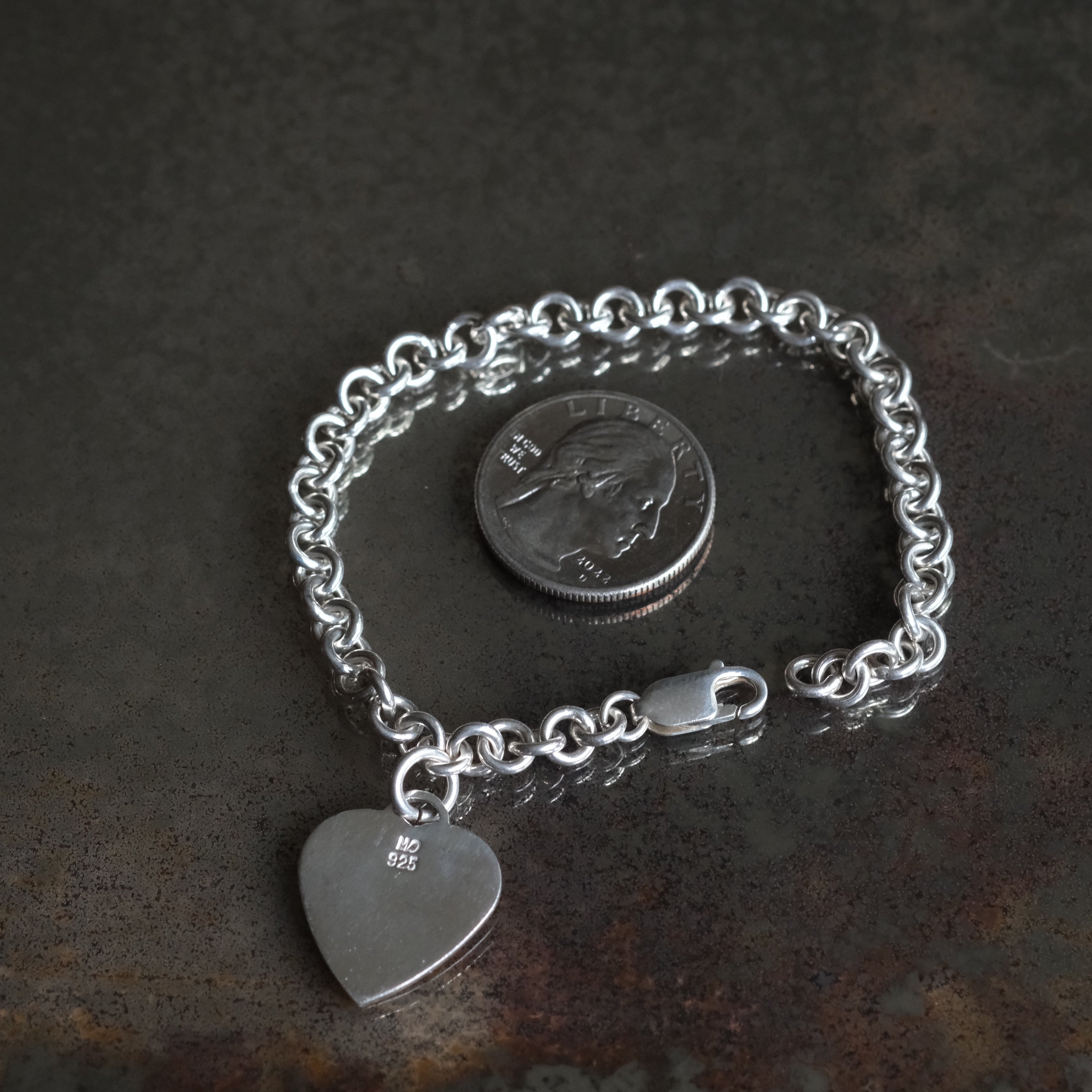 Vintage Sterling Rolo Link Heart ID Bracelet 7.5"