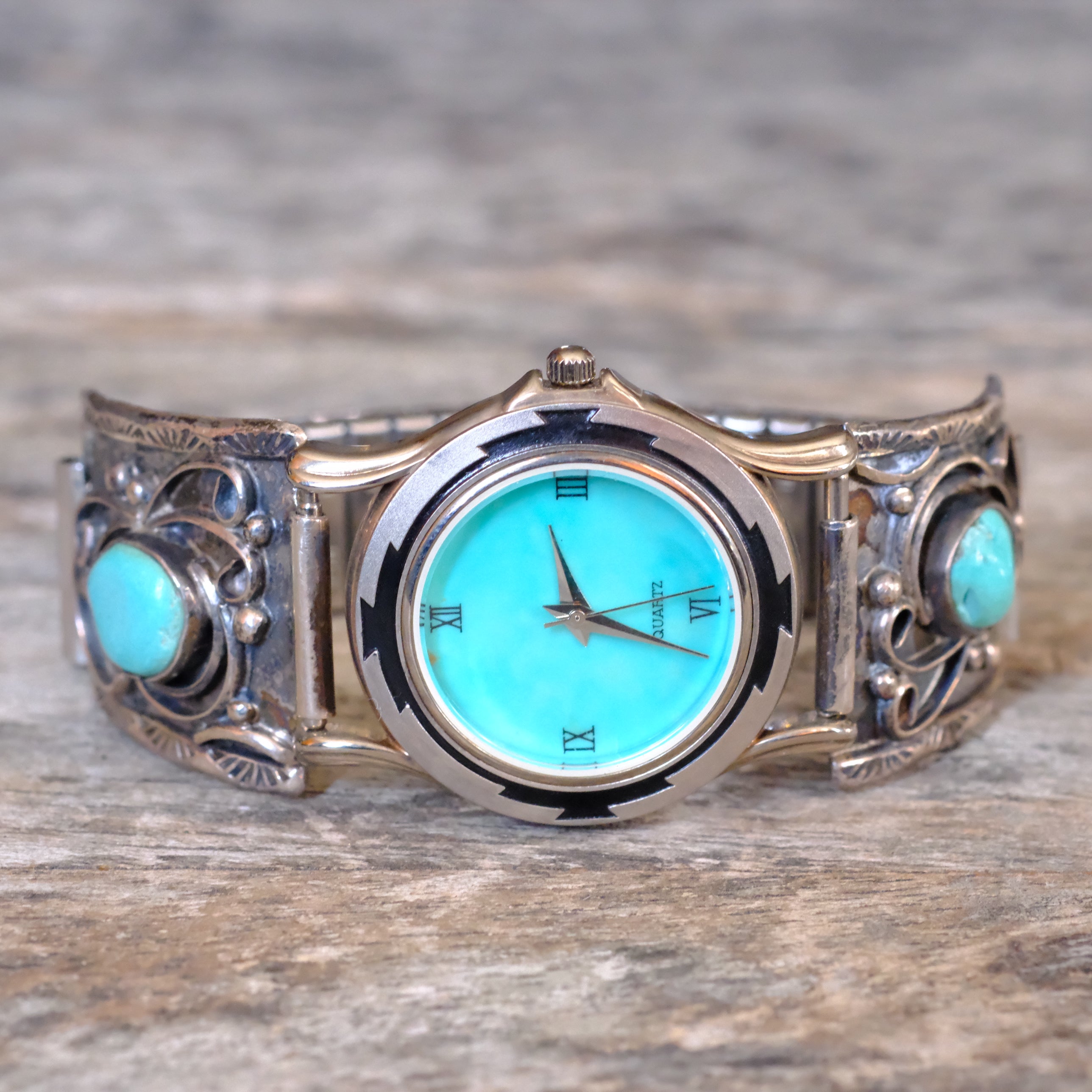 Vintage Sterling Turquoise Watch With Turquoise Dial
