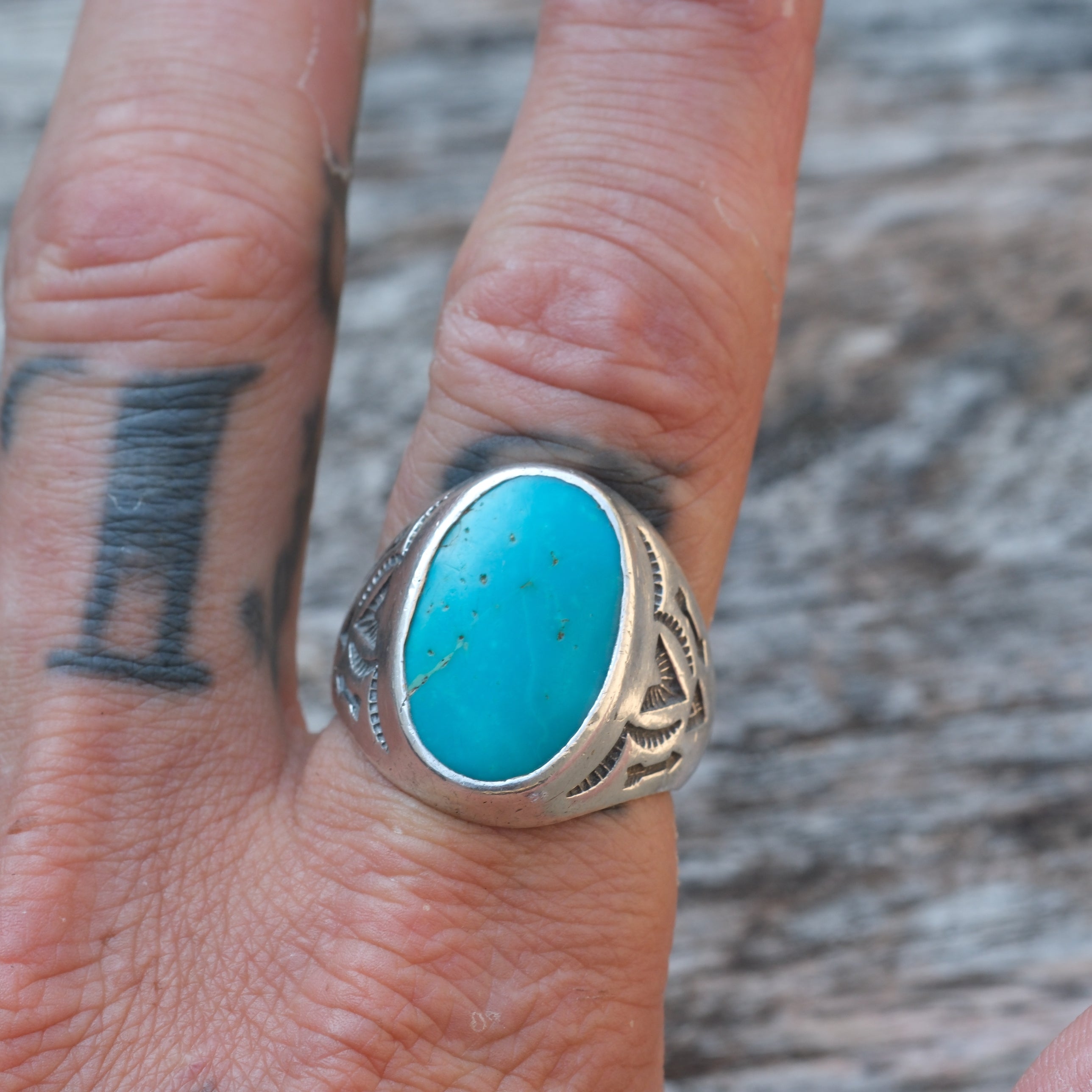 Vintage Sterling Turquoise Bells Trading Post Ring 10.75
