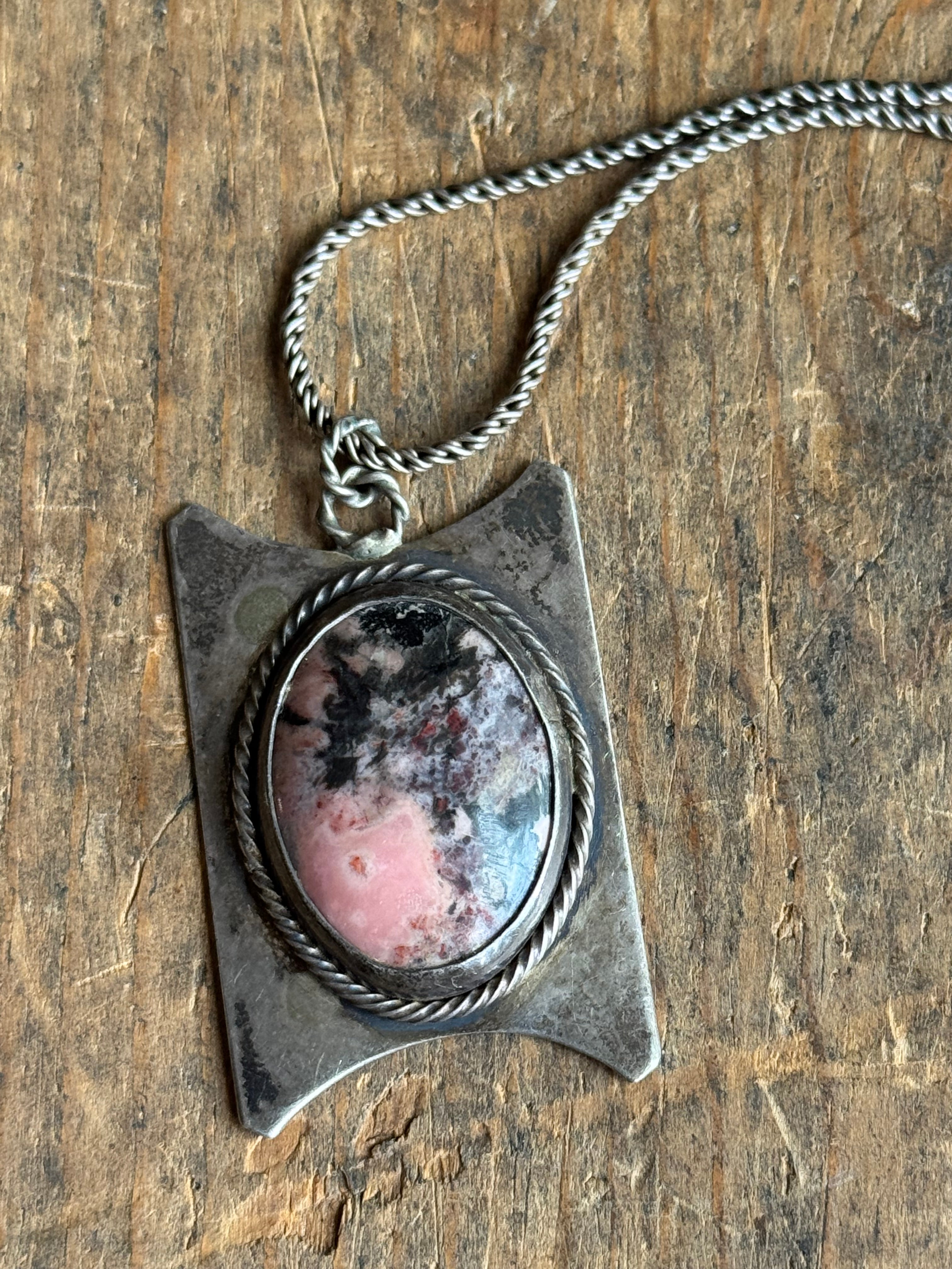 Vintage Sterling Silver Rhodonite Shield Necklace