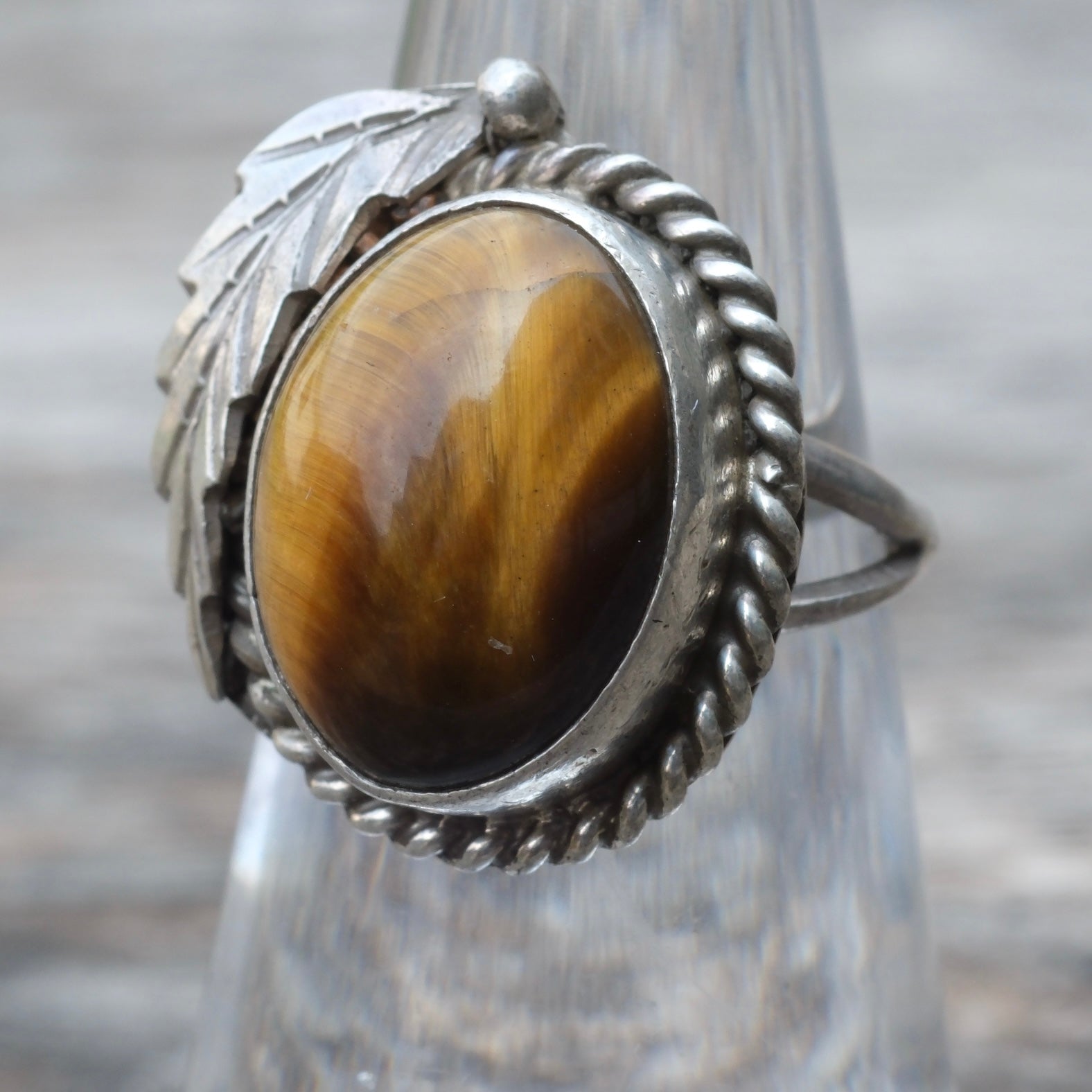 Vintage Sterling Tigers Eye Feather Ring 5.5