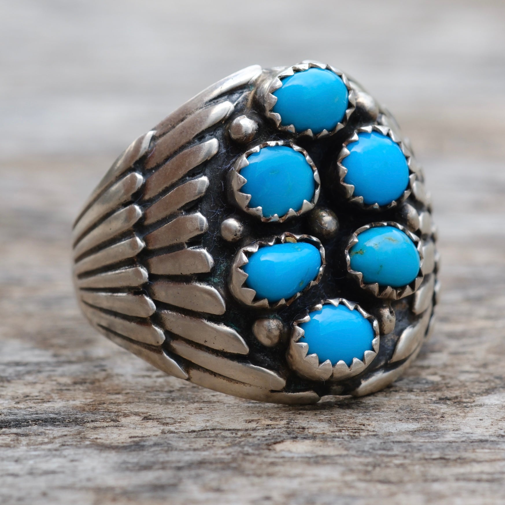 Vintage Sterling 6-Stone Turquoise Ribbed Band Ring 10.75
