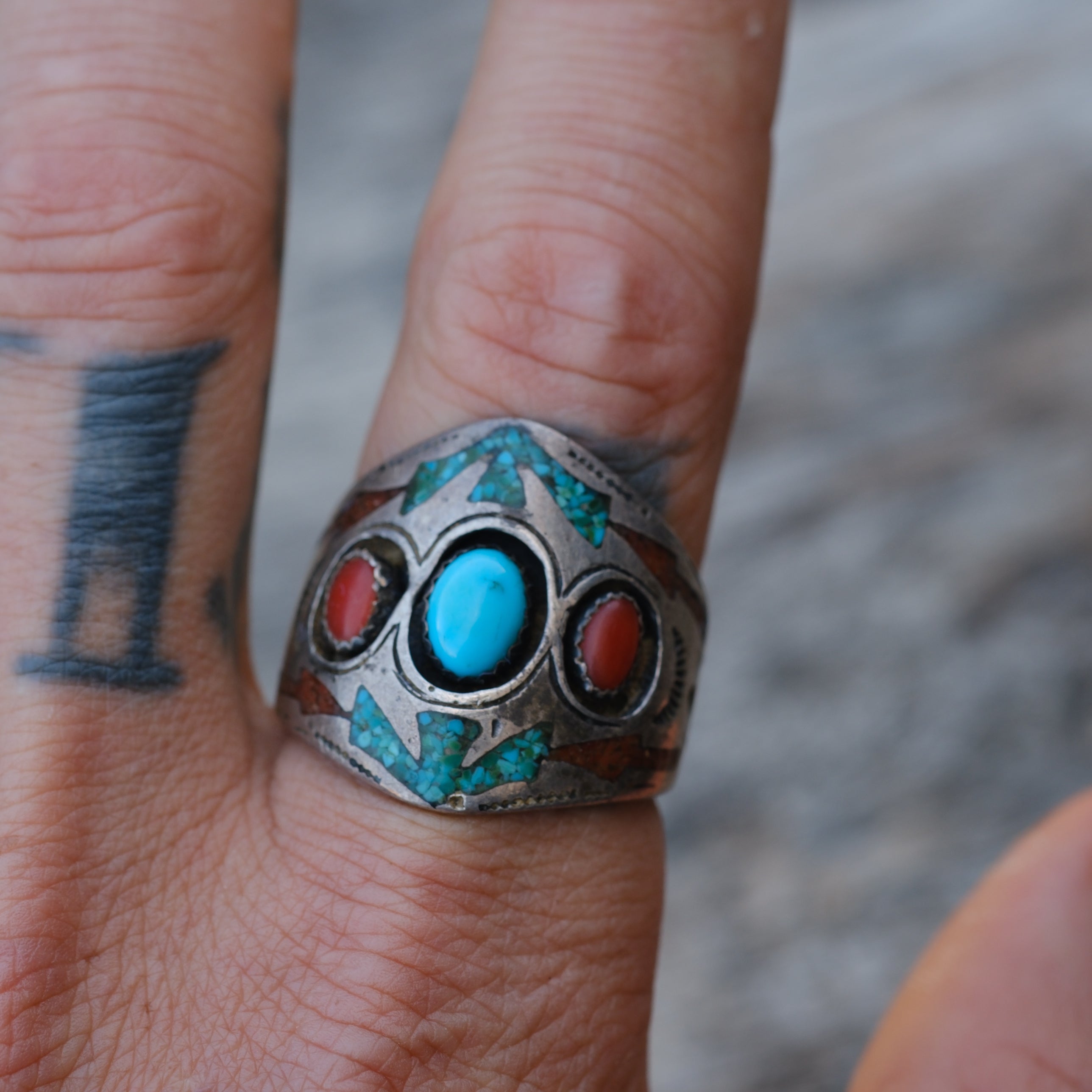 Vintage Sterling Turquoise and Coral Inlay Ring 10.5