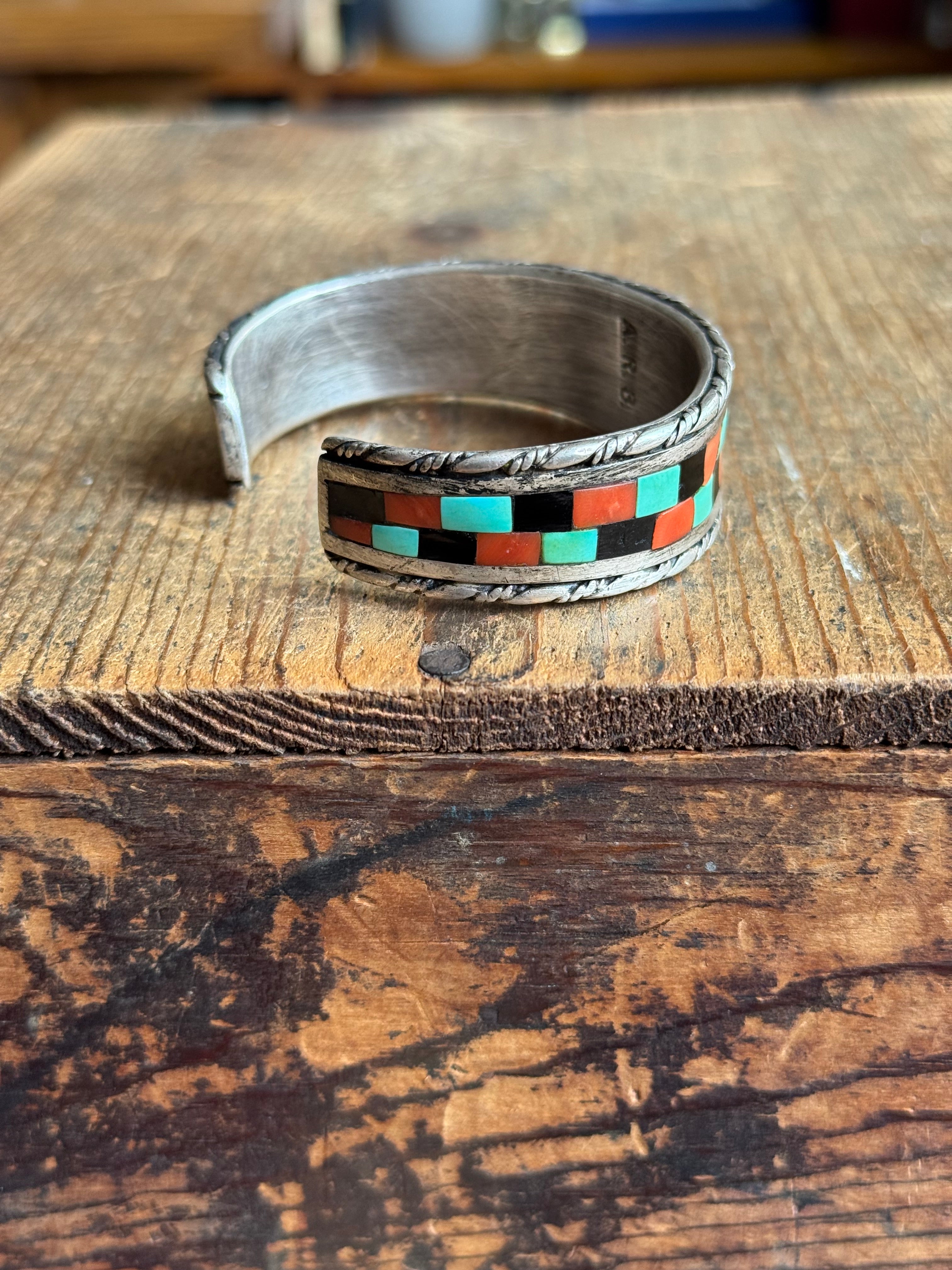 Vintage Sterling Silver Coral Onyx & Turquoise Inlay Cuff