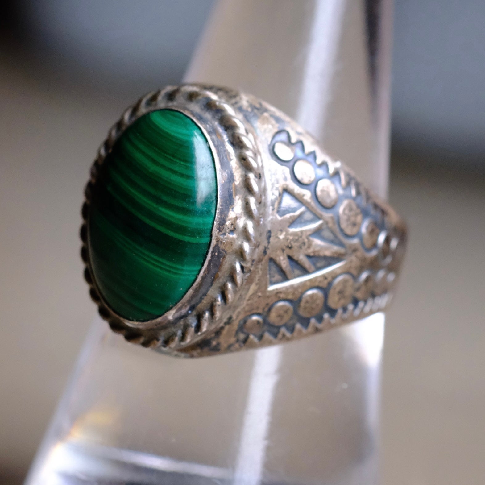 Vintage Sterling Malachite Stamped Band Ring 9