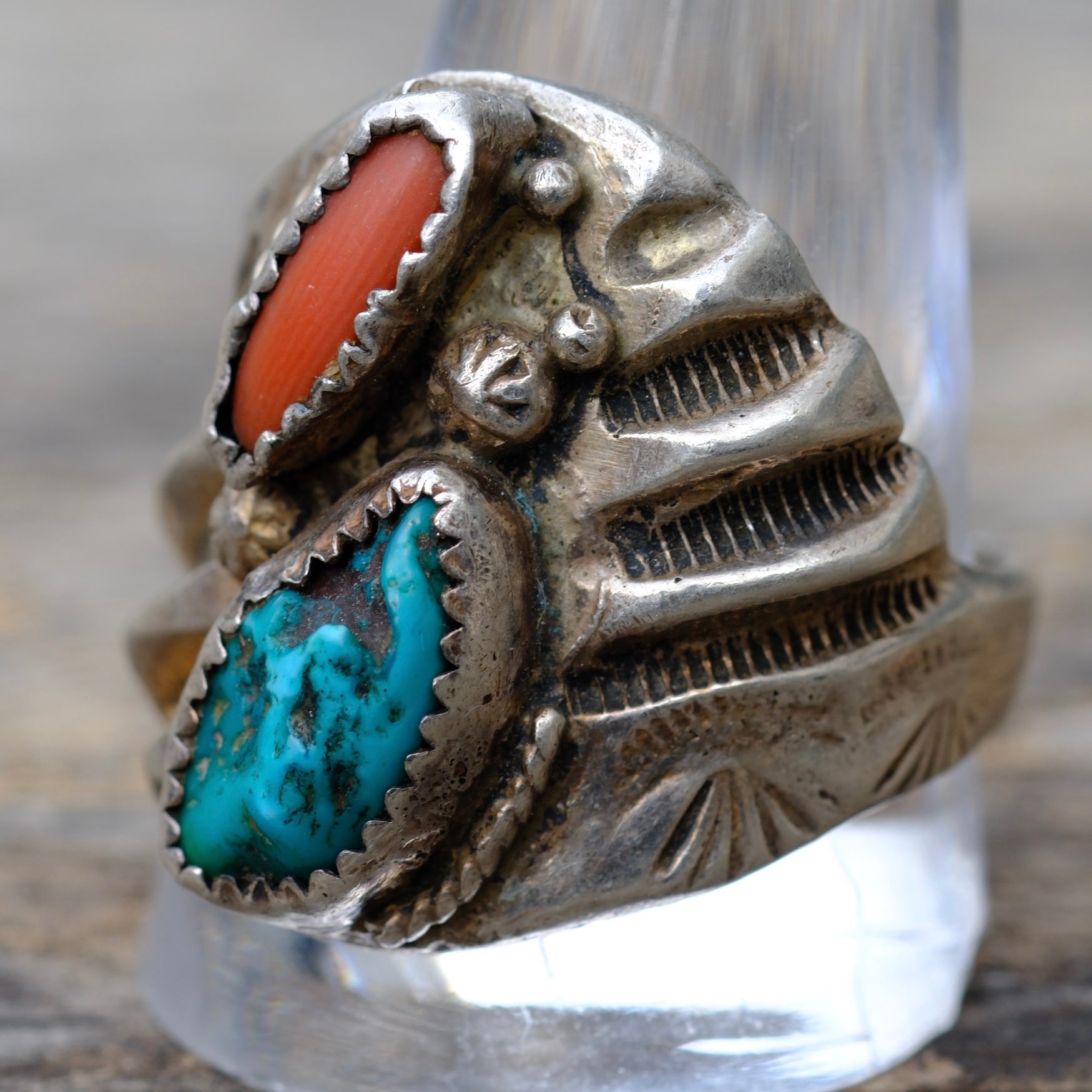 Vintage Sterling Turquoise and Coral Ring 12.25