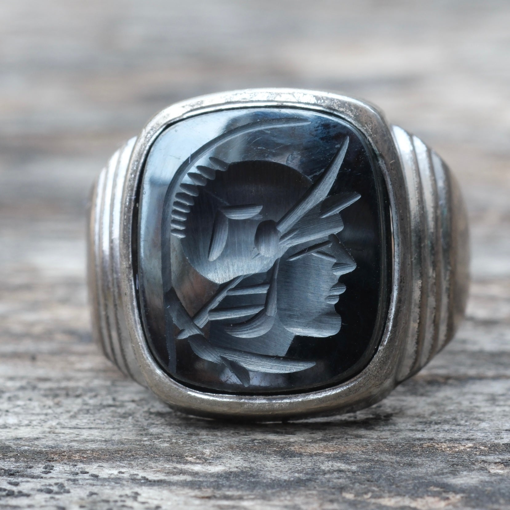 Vintage Sterling Hematite Centurion Signet Ring 7.75