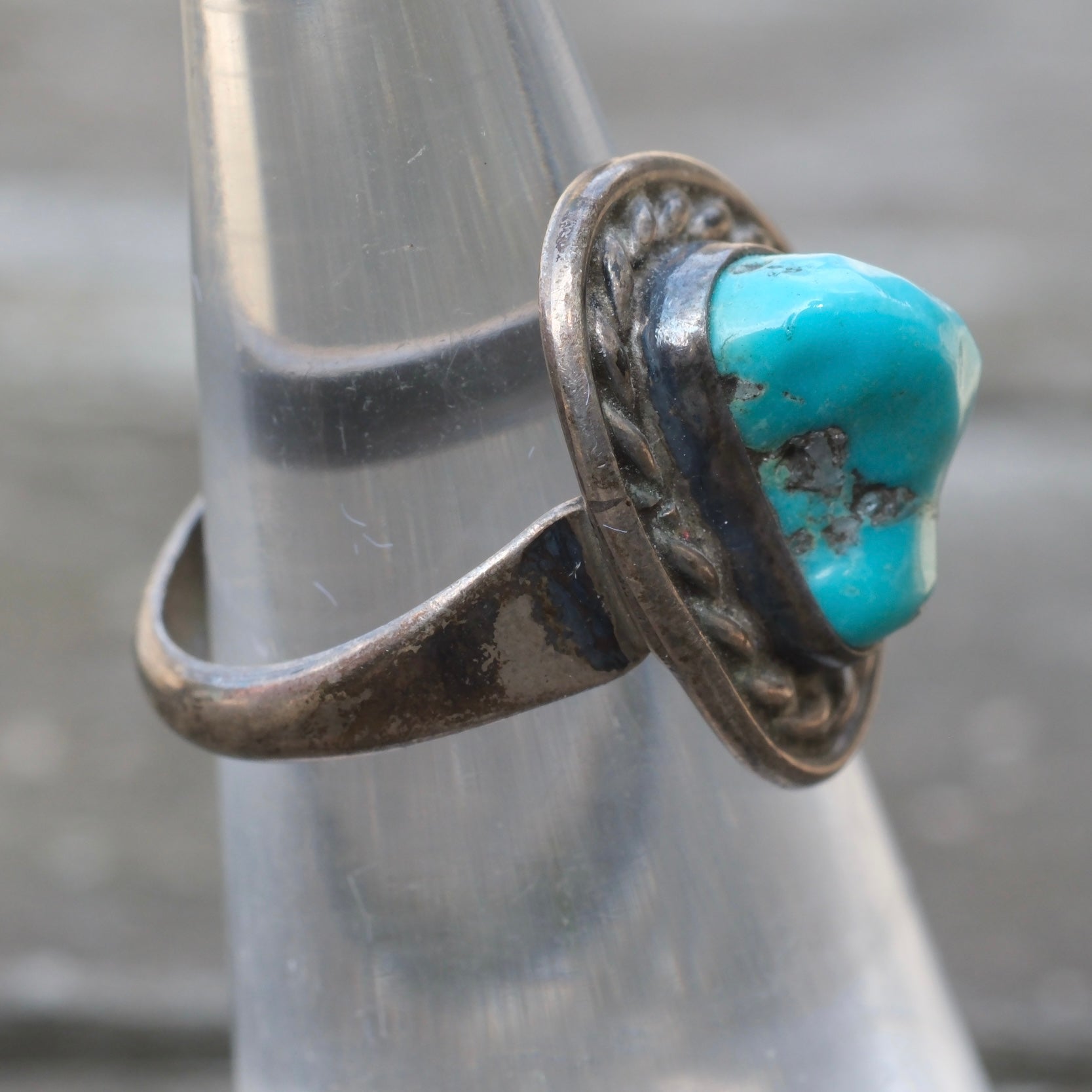 Vintage Sterling Turquoise Roper Ring 4.25