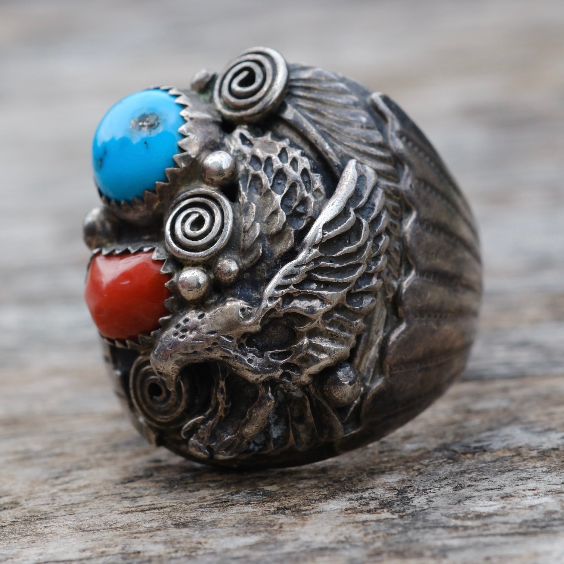 Vintage Sterling Turquoise and Coral Eagle Ring 11