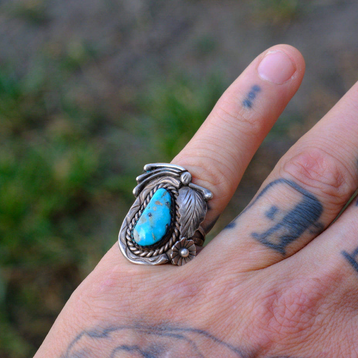 Vintage Sterling Turquoise Feather Ring 6