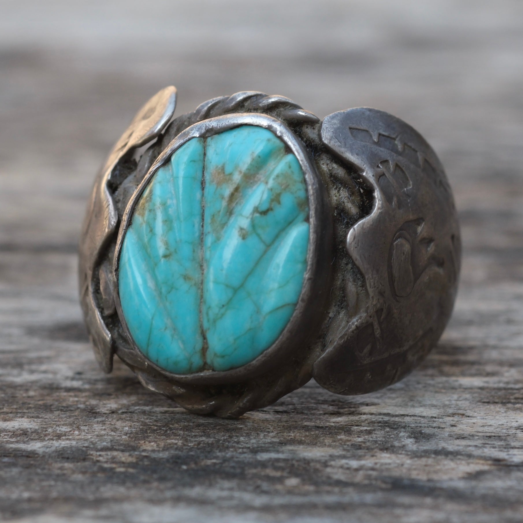 Vintage Sterling Carved Turquoise Ring 7