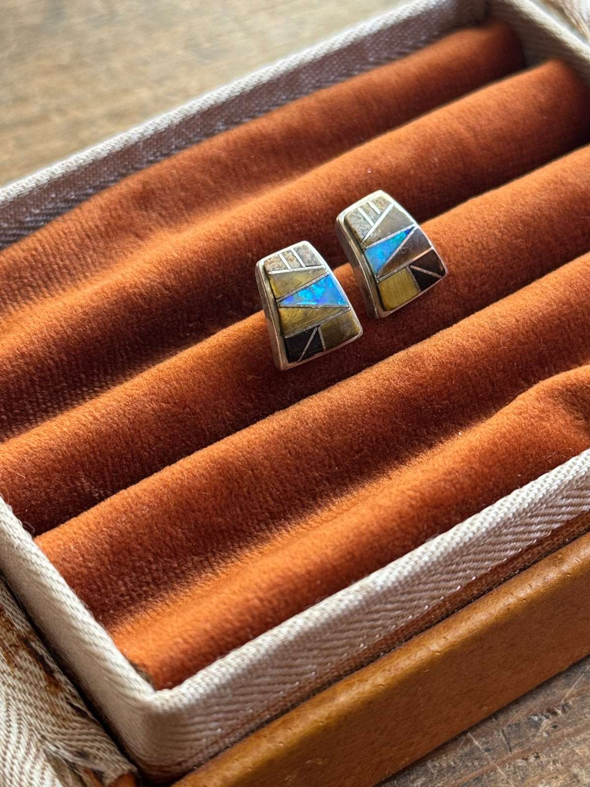 Vintage Sterling Silver Multistone Inlay Earrings