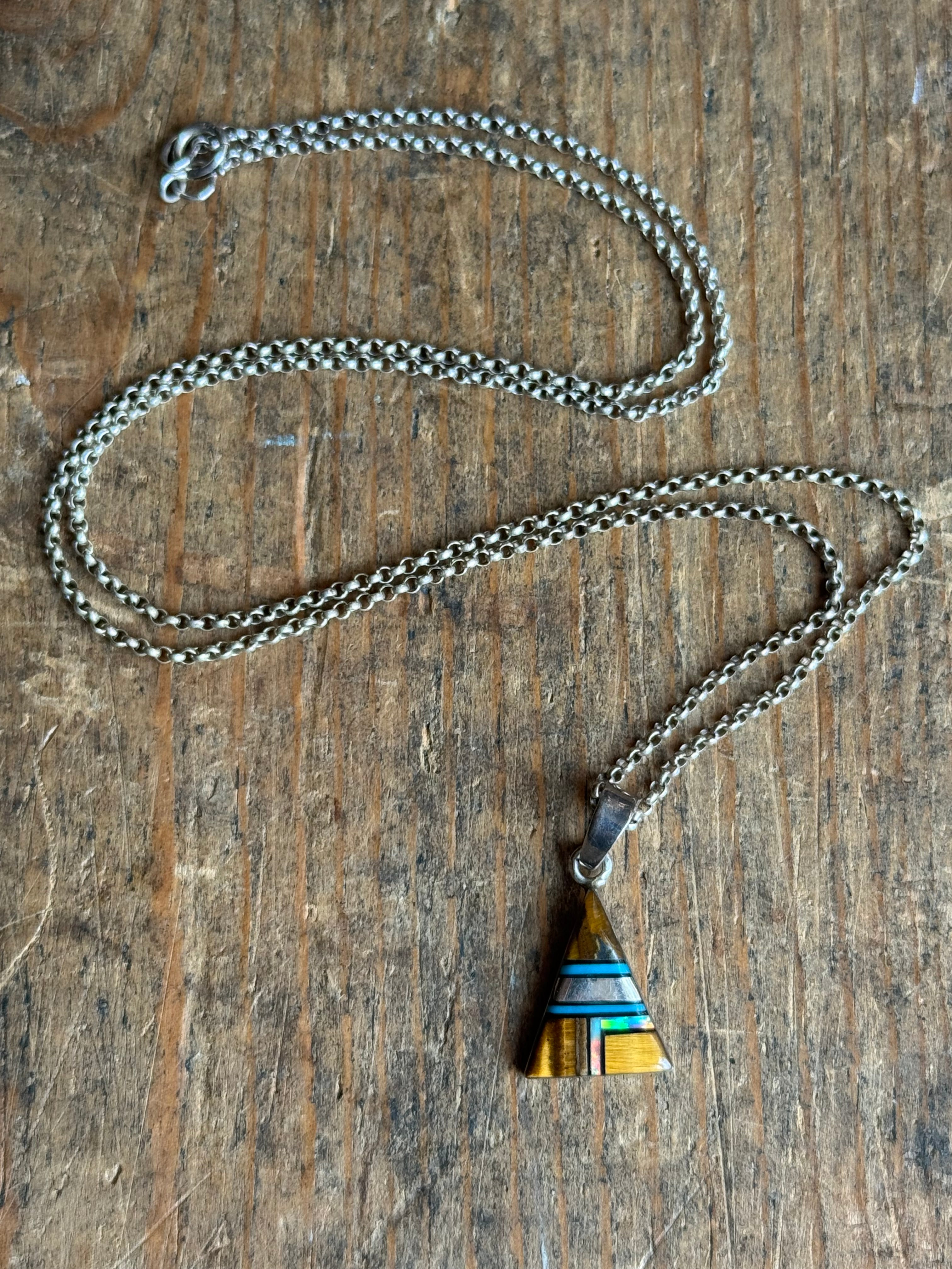 Vintage Sterling Silver Multistone Inlay Triangle 18" Necklace