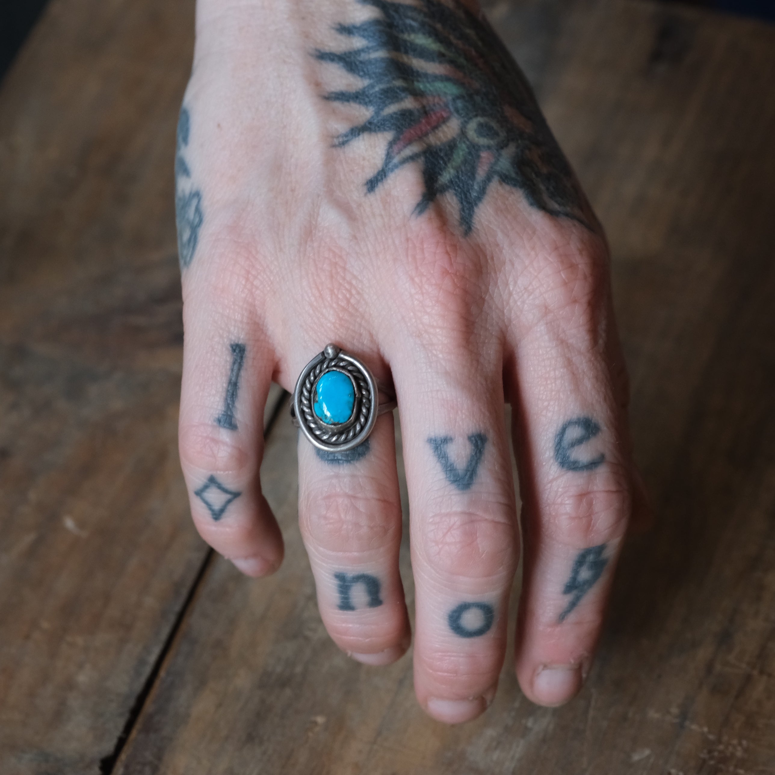 Vintage Sterling Turquoise Roper Ring 6.5