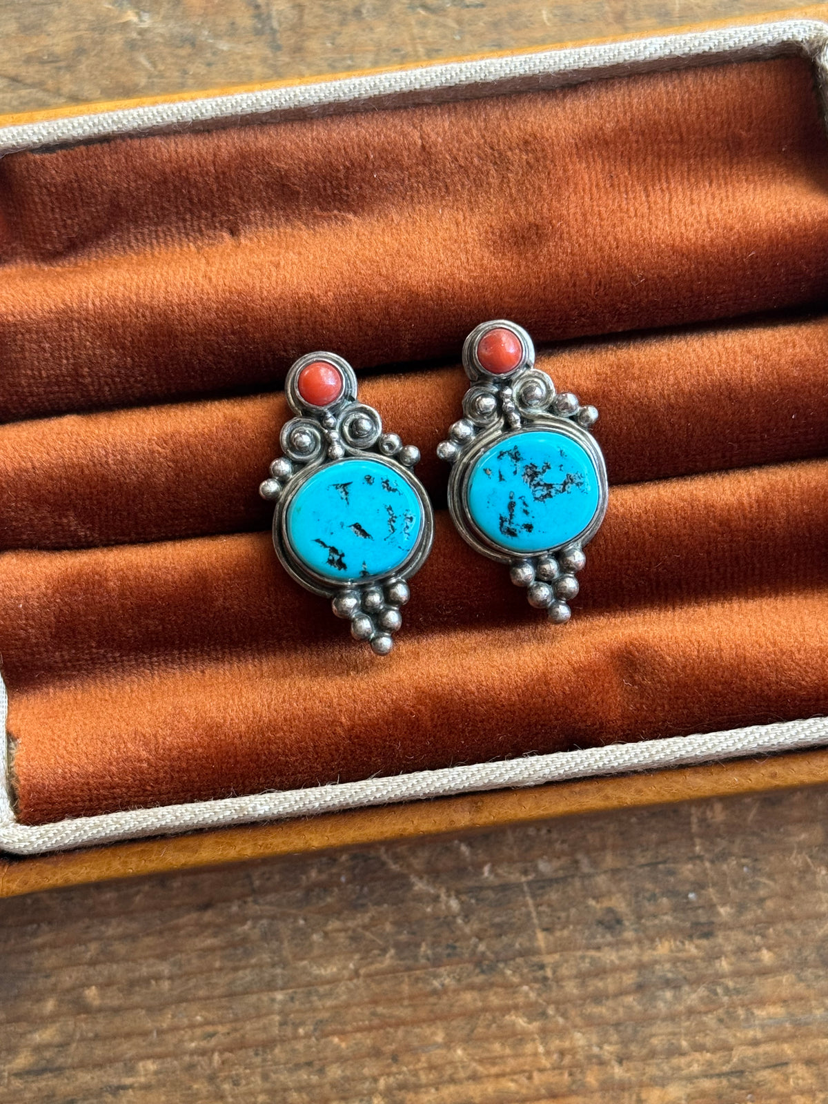 Vintage Sterling Silver Turquoise & Coral Earrings
